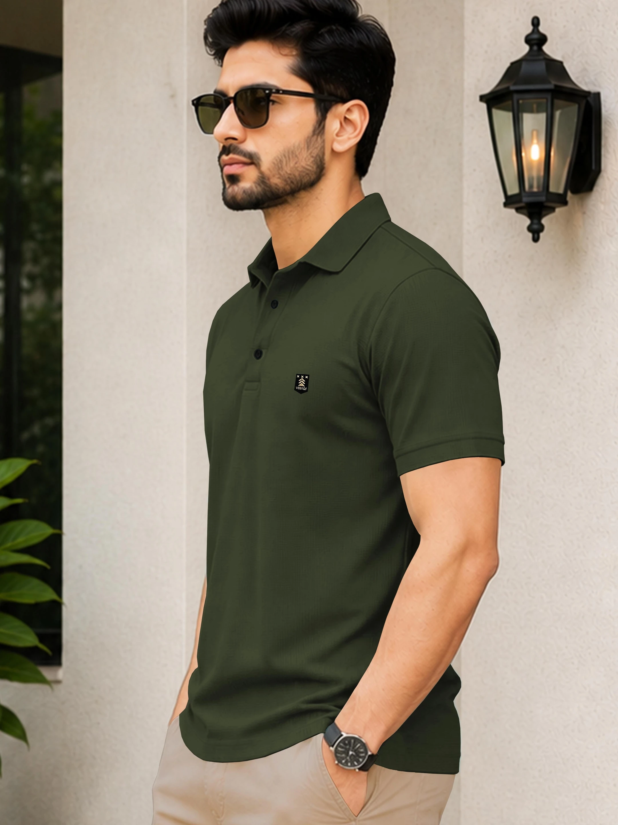 Men Self Design Polo Neck Polyester Green T-Shirt