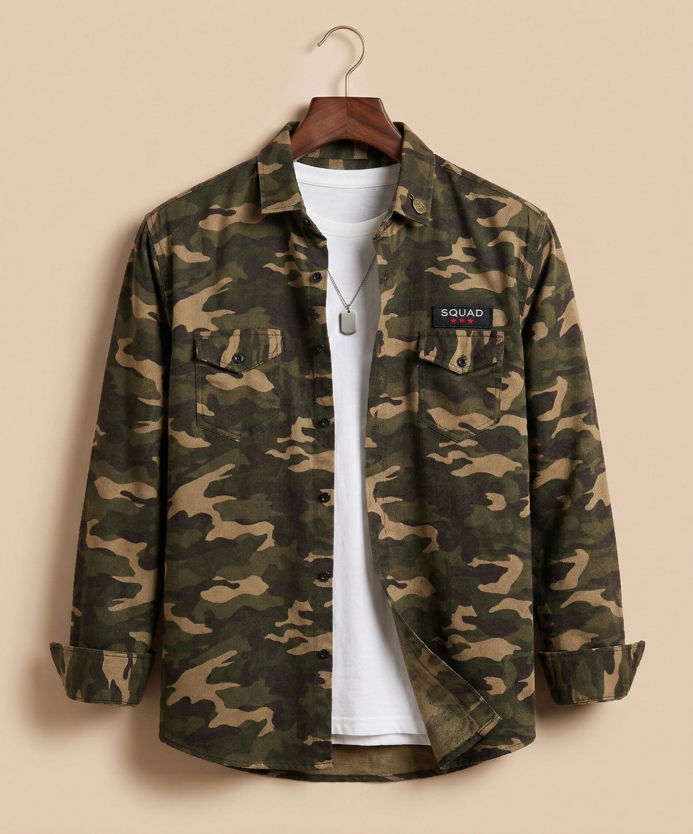 Men Regular Fit Military Camouflage Spread Collar Casual Shirt