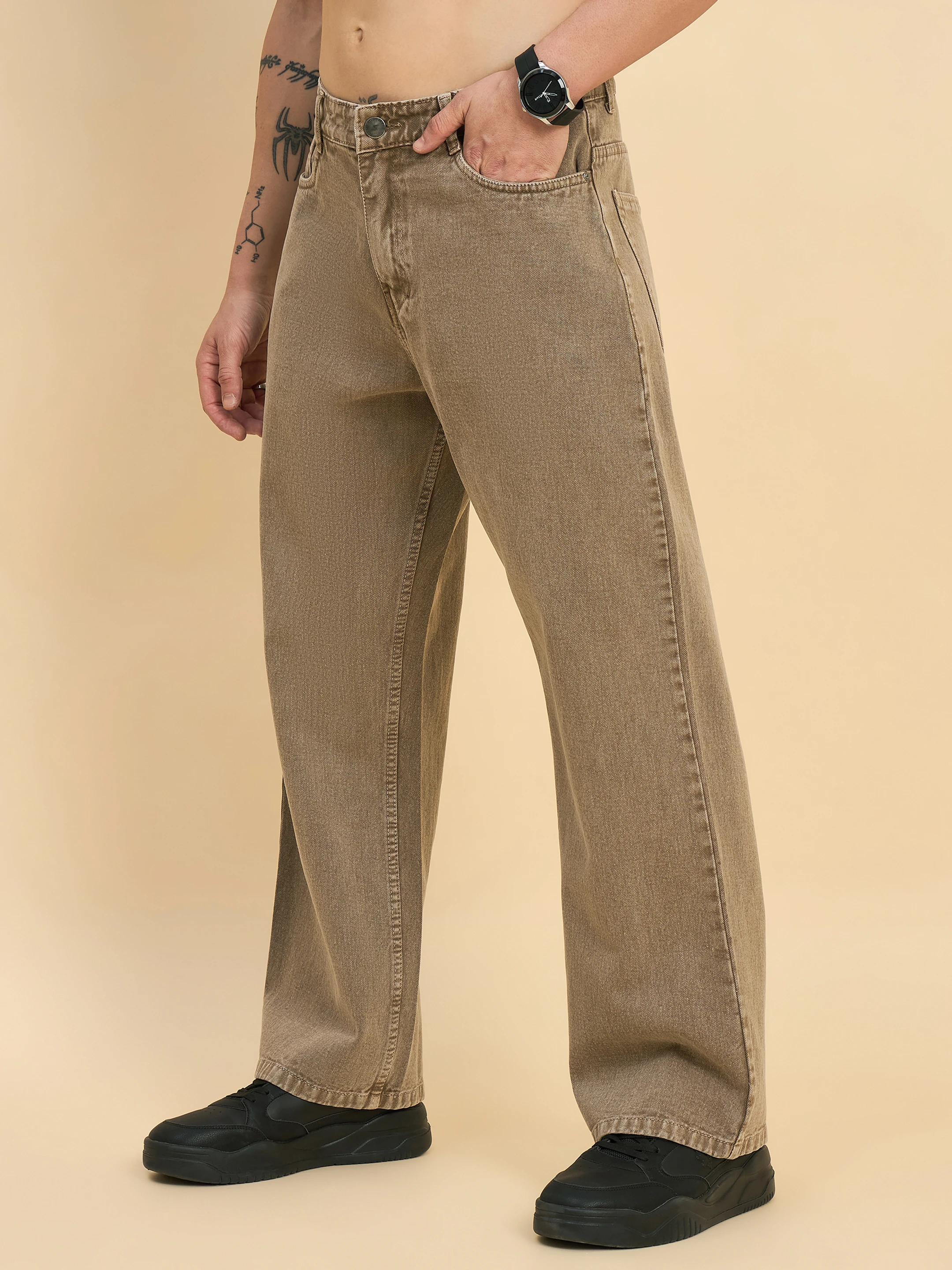 Men Loose Fit Mid Rise Beige Jeans