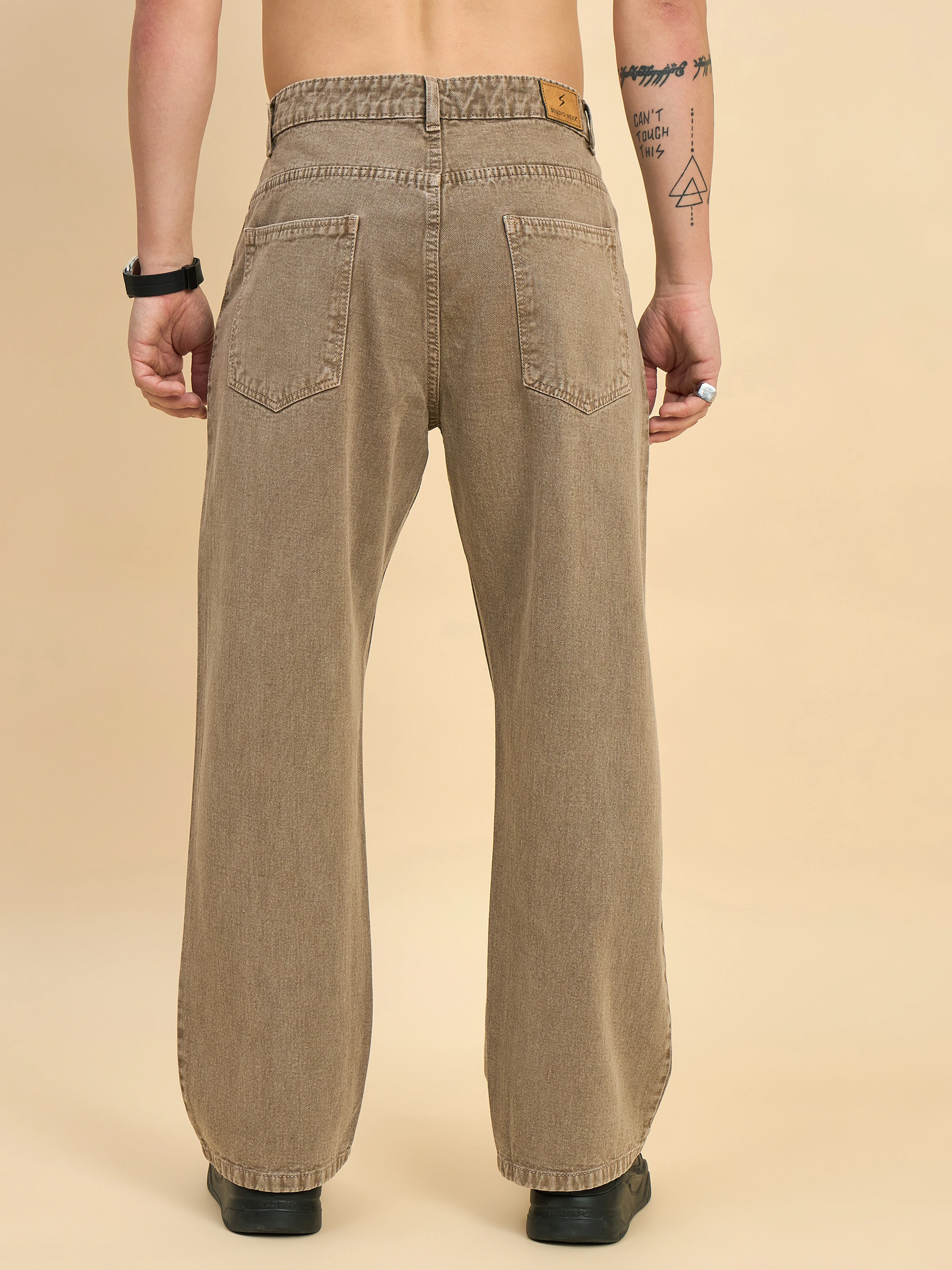 Men Loose Fit Mid Rise Beige Jeans