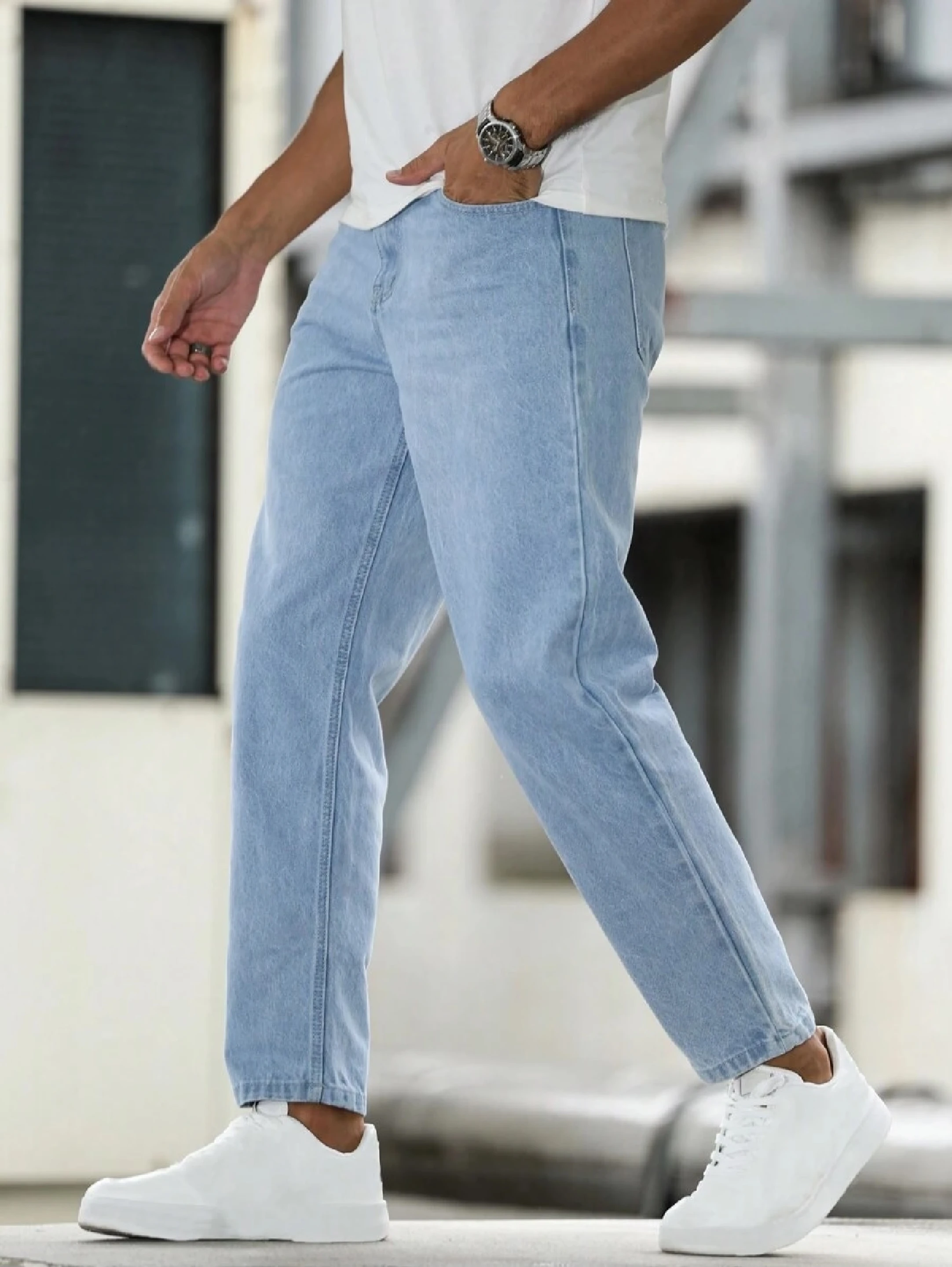 Men Mom Fit Mid Rise Light Blue Jeans