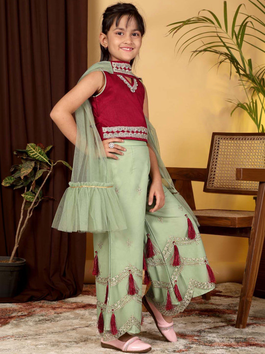Girls Embroidered Regular Sequinned Top with Palazzos & With Dupatta