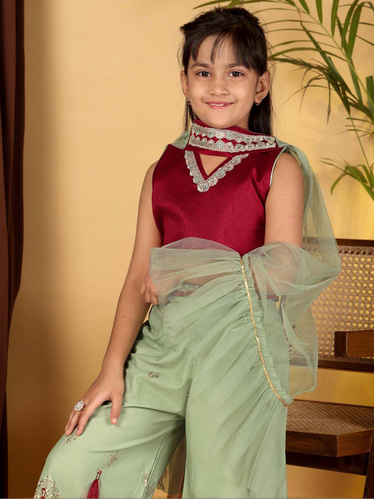 Girls Embroidered Regular Sequinned Top with Palazzos & With Dupatta