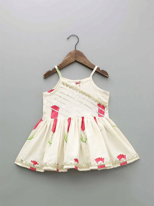 Girls Floral Printed Regular Gotta Patti Raw Silk Top with Sharara & With Dupatta