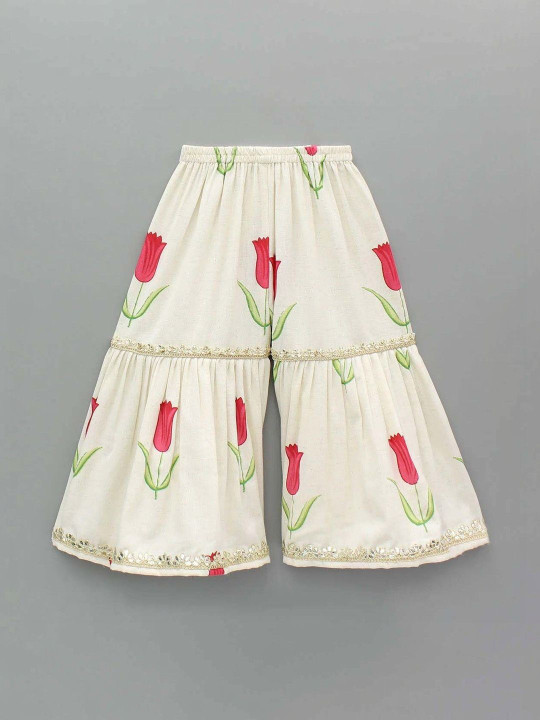 Girls Floral Printed Regular Gotta Patti Raw Silk Top with Sharara & With Dupatta
