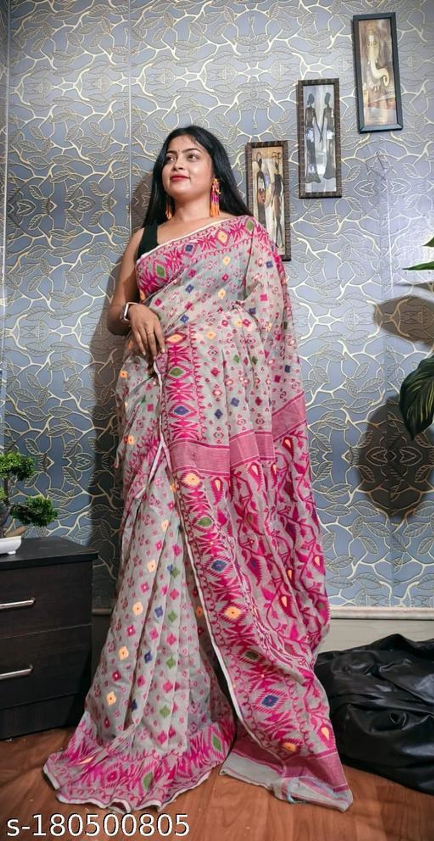 Geometric Print, Graphic Print Jamdani Cotton Silk Saree (Multicolor)