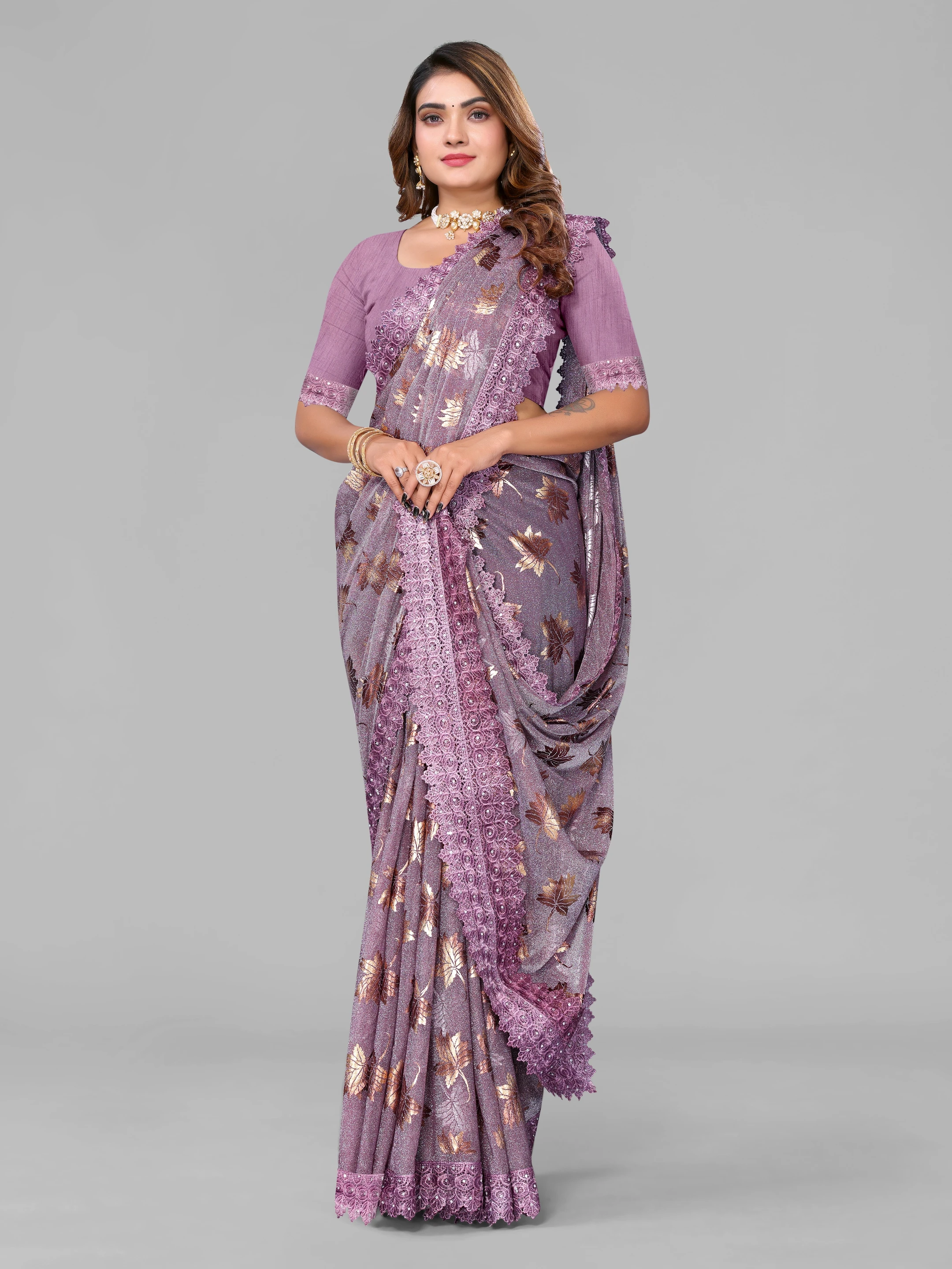 Floral Print Bollywood Lycra Blend Saree (Magenta)