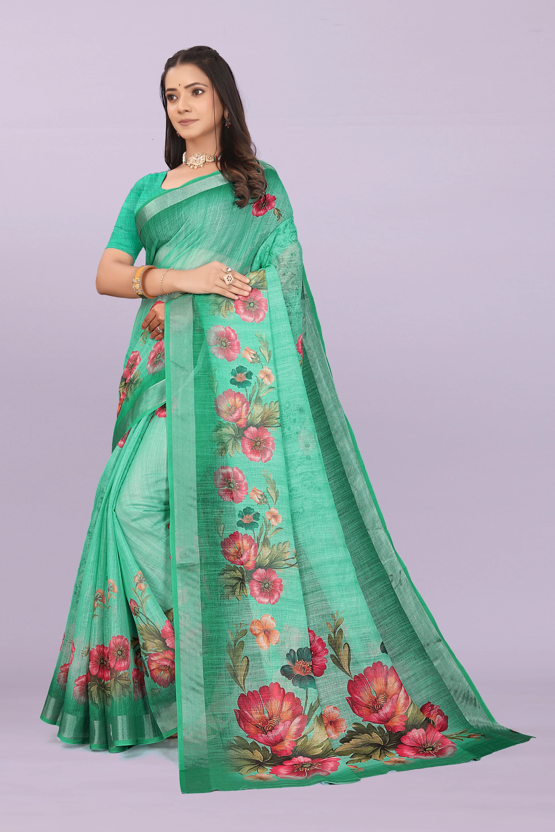 Printed, Digital Print Bollywood Cotton Linen, Cotton Silk Saree (Dark Green)