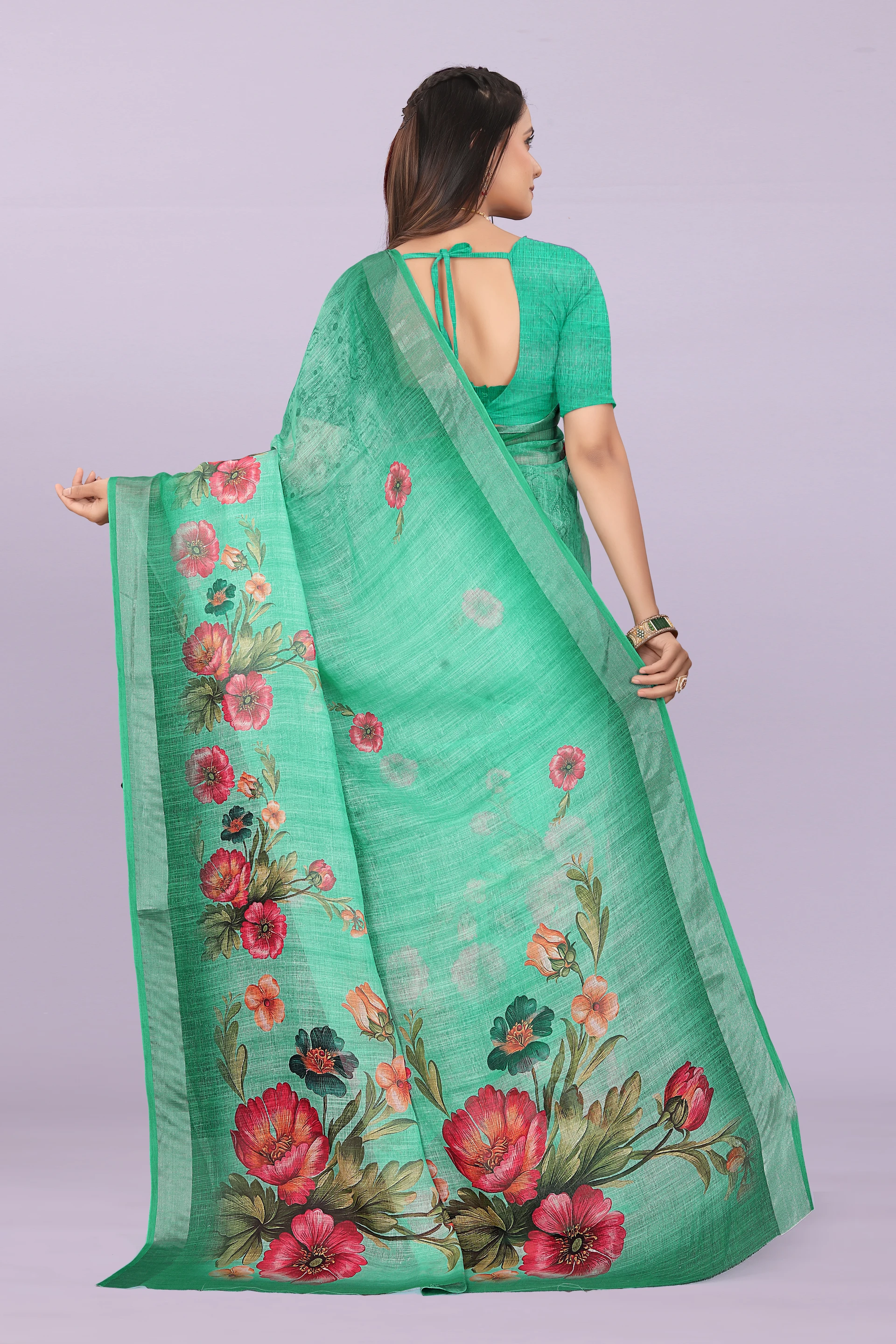 Printed, Digital Print Bollywood Cotton Linen, Cotton Silk Saree (Dark Green)