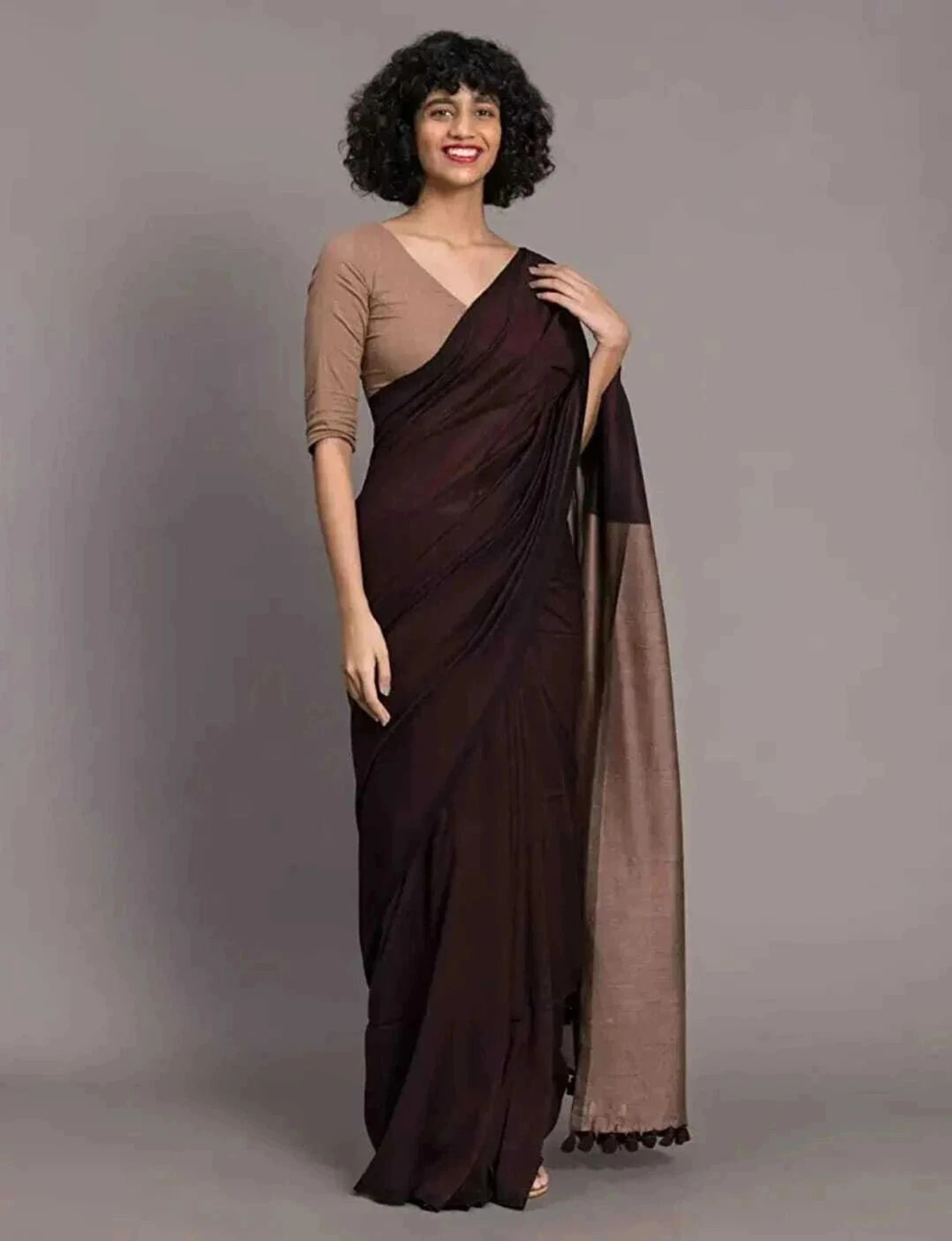 Print Handloom Pure Cotton Saree (Brown)