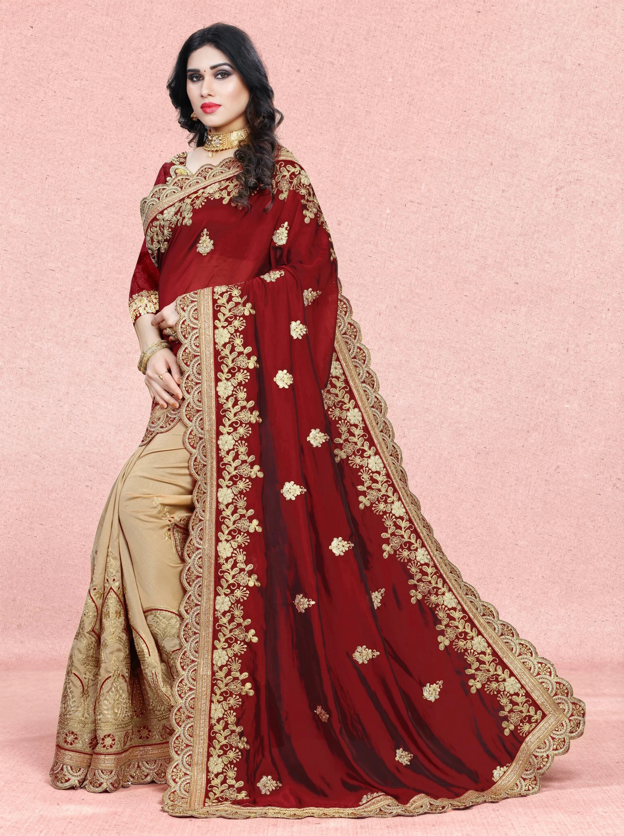 Floral Print Bollywood Silk Blend, Art Silk Saree (Maroon, Cream)