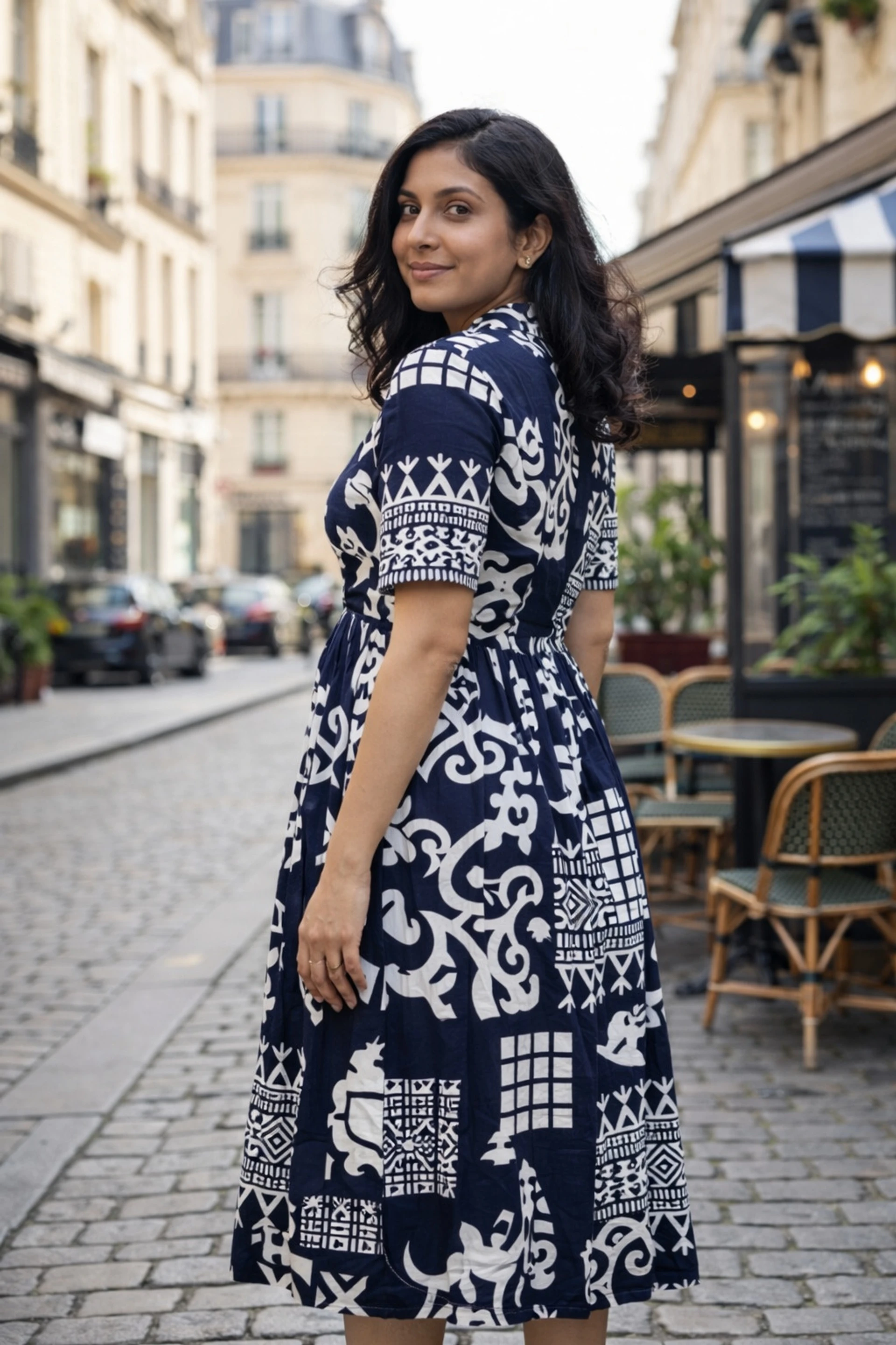 Women Fit and Flare White, Blue Midi/Calf Length Dress