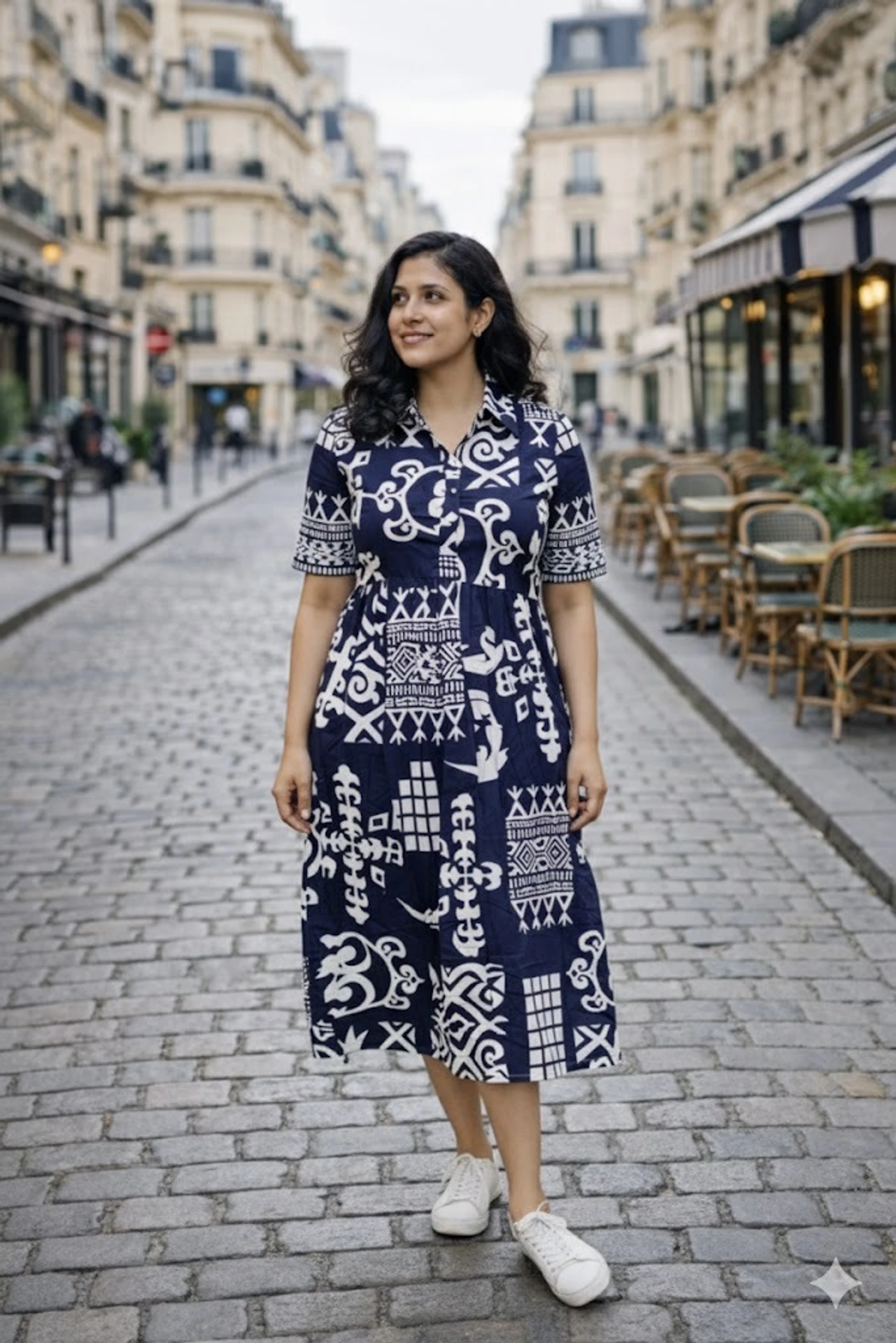 Women Fit and Flare White, Blue Midi/Calf Length Dress