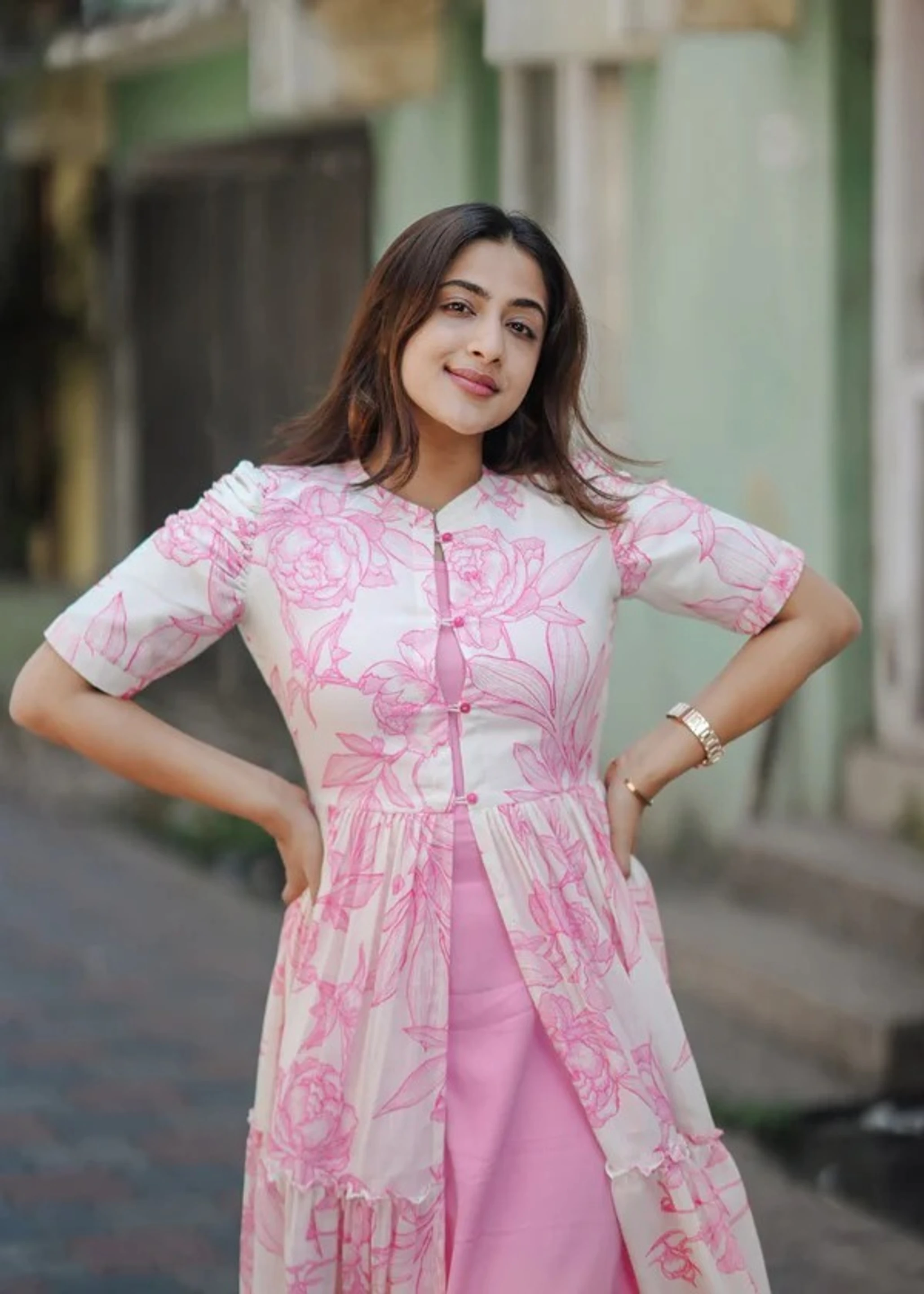 Women Fit and Flare White, Pink Midi/Calf Length Dress