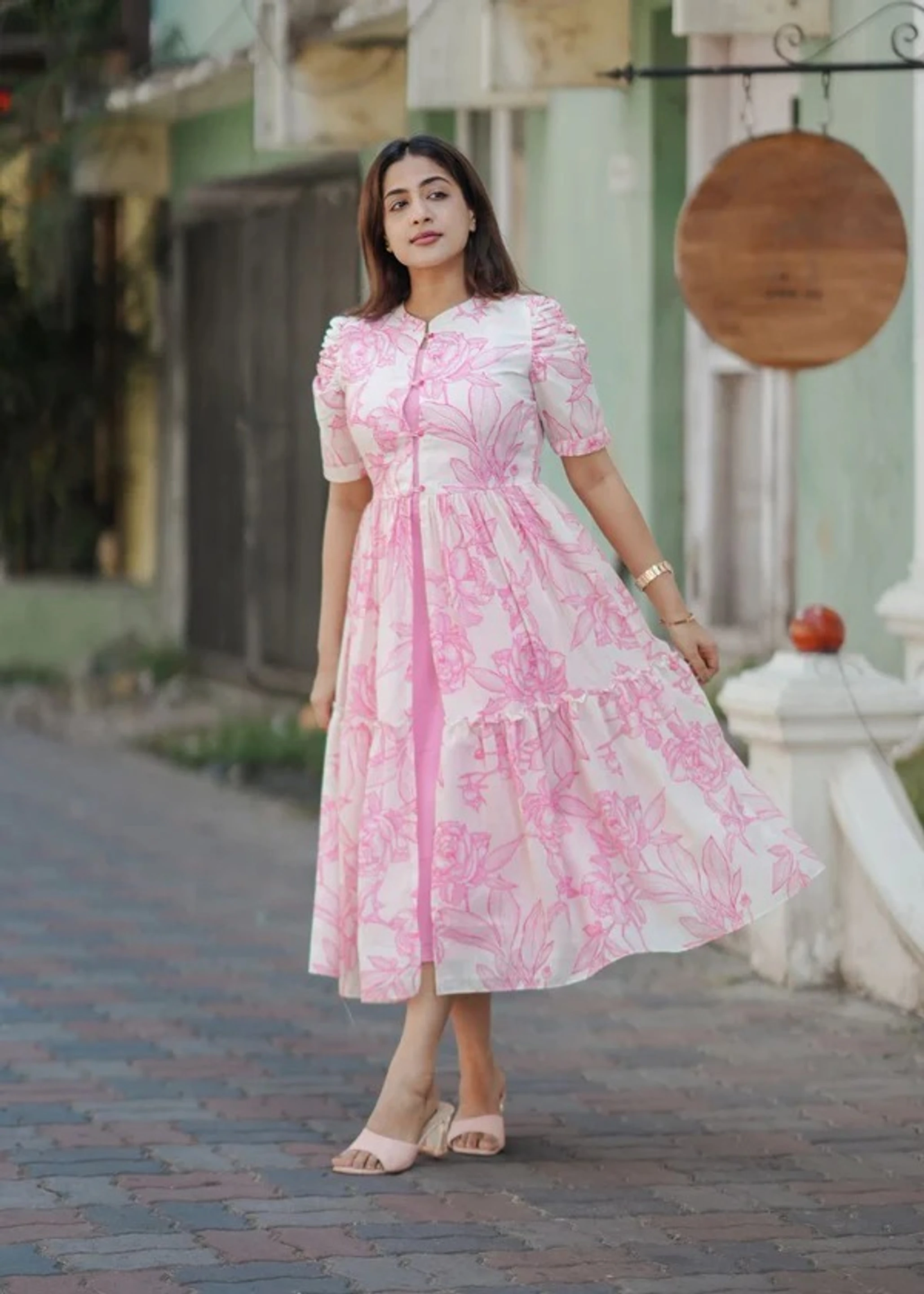 Women Fit and Flare White, Pink Midi/Calf Length Dress