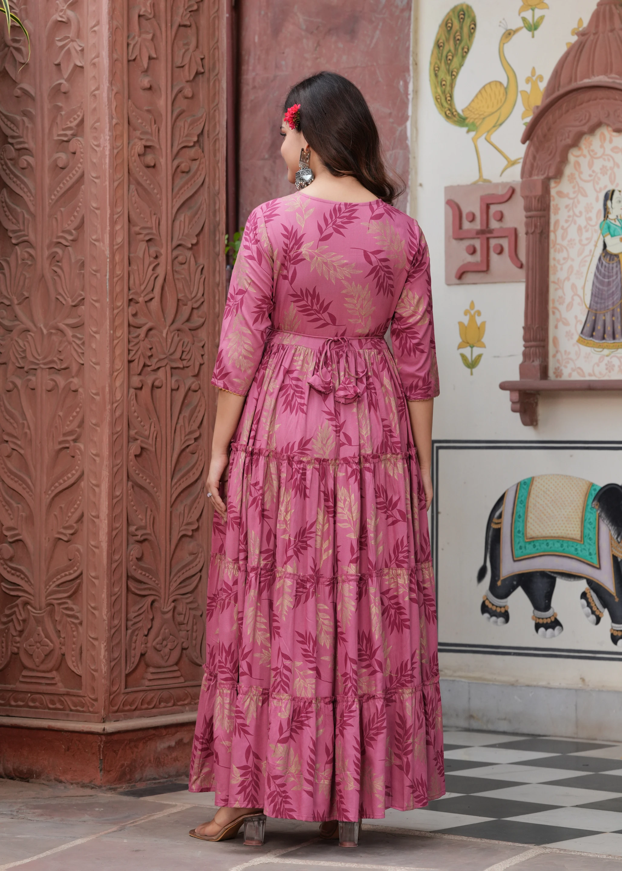 Women Fit and Flare Pink, Beige Maxi/Full Length Dress