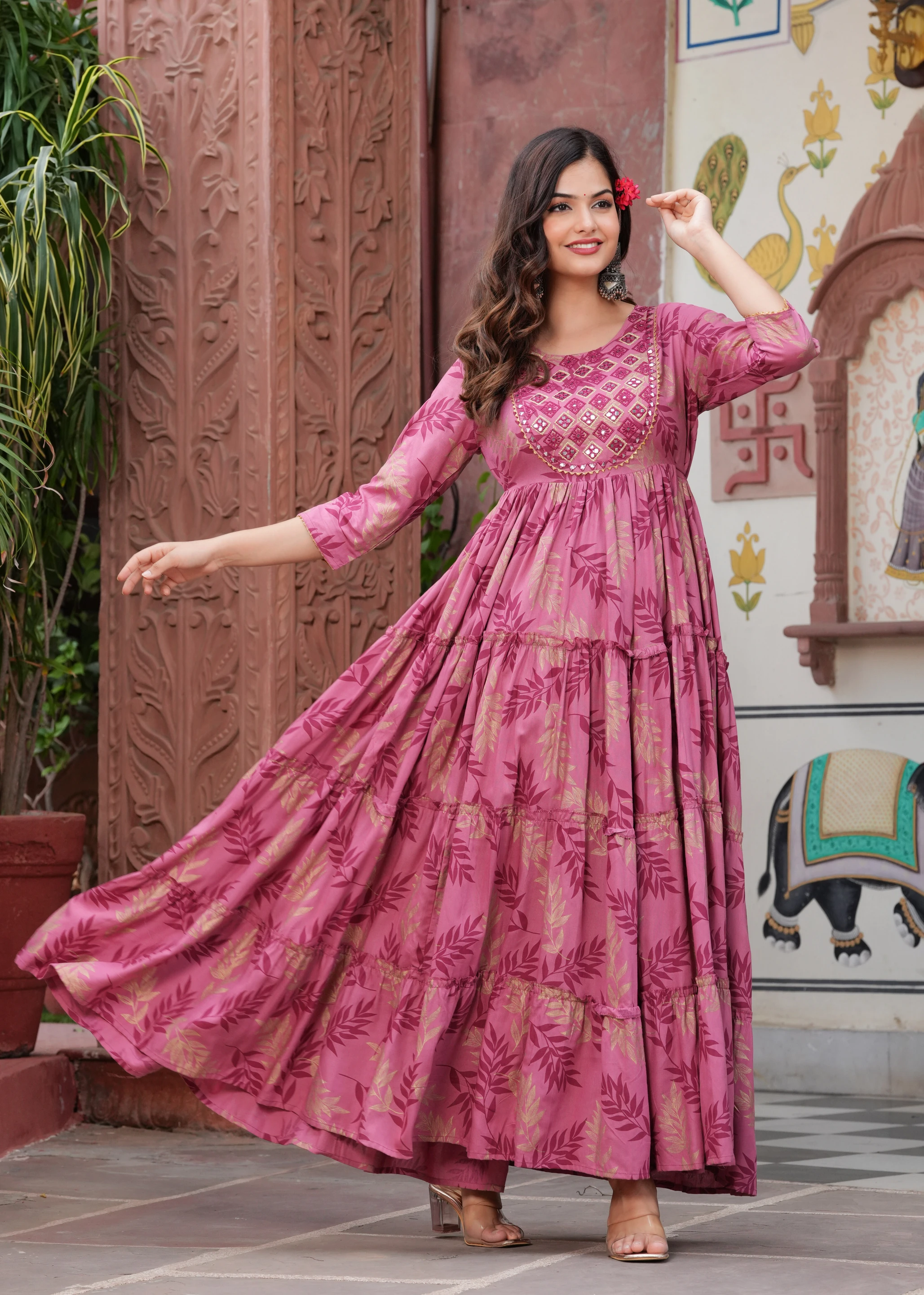 Women Fit and Flare Pink, Beige Maxi/Full Length Dress