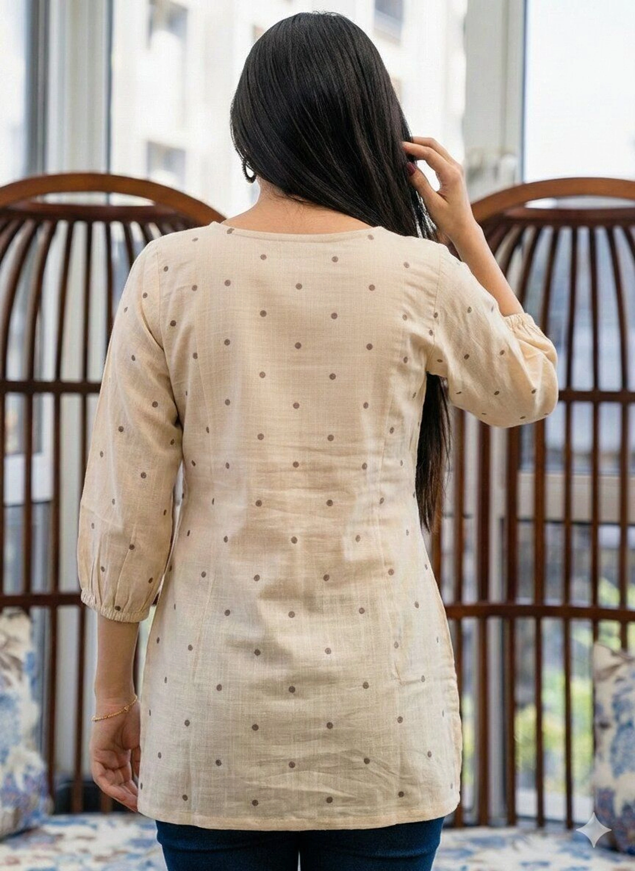 Casual Regular Sleeves Embroidered, Polka Print Women Beige Top