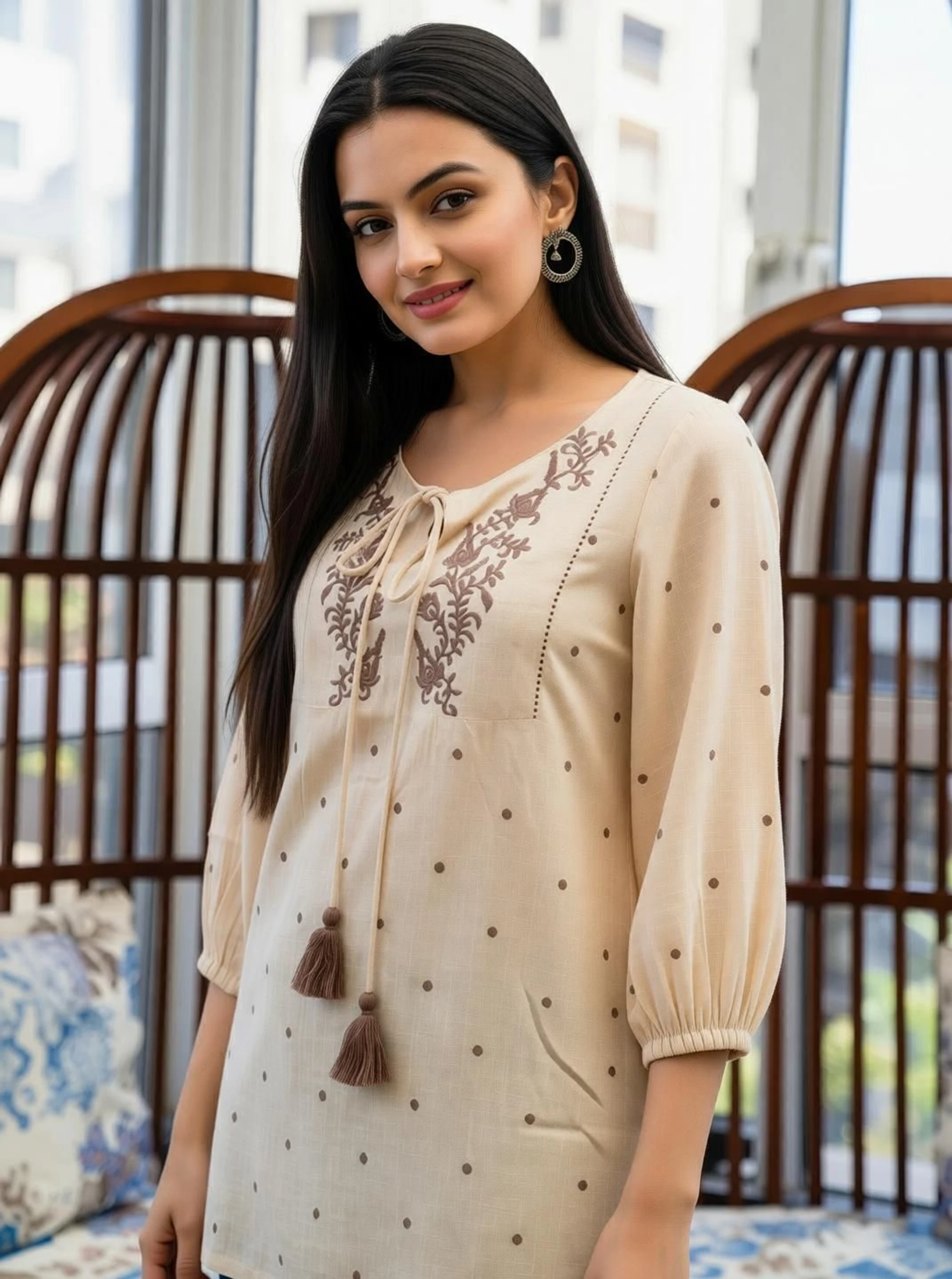 Casual Regular Sleeves Embroidered, Polka Print Women Beige Top