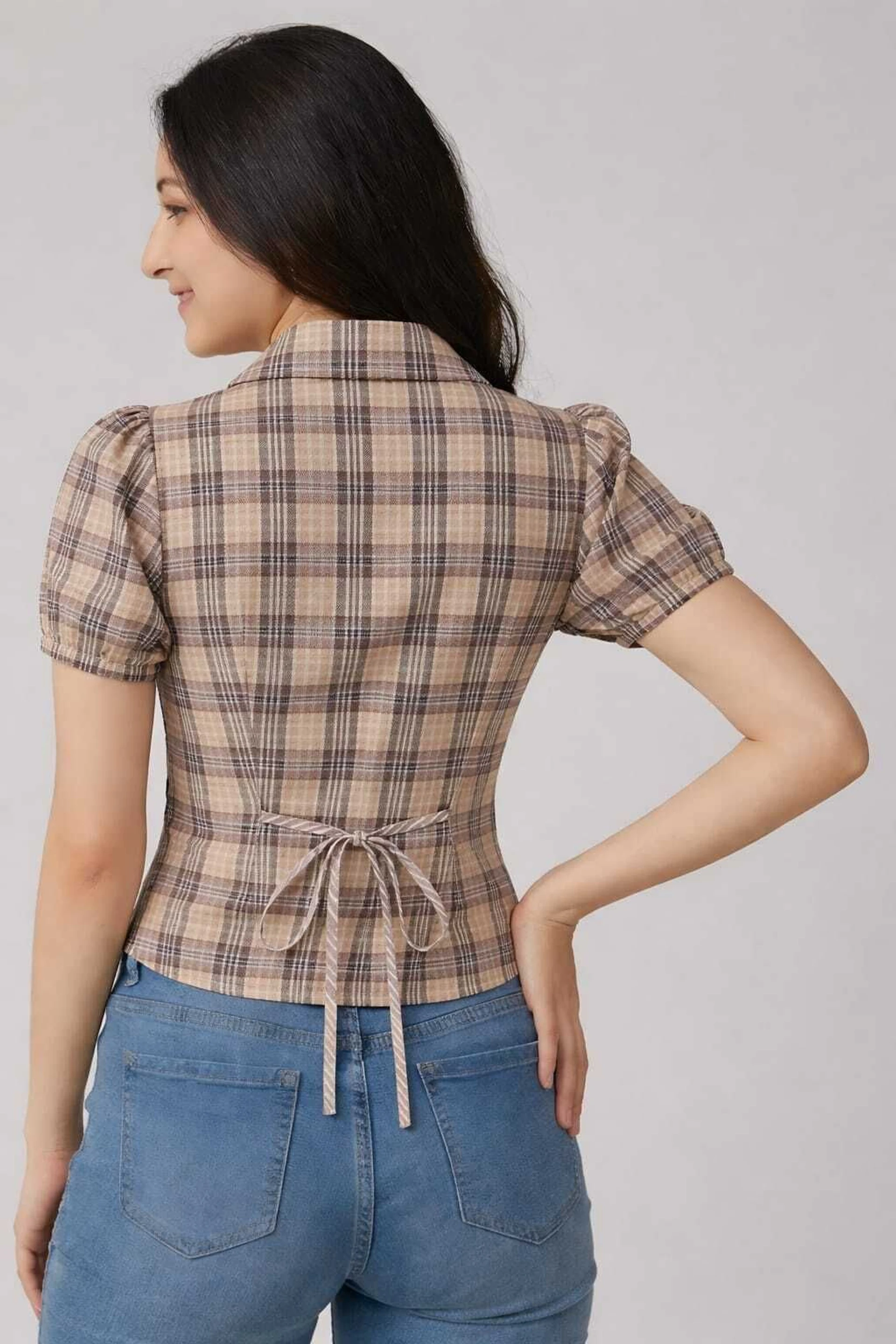 Casual Puff Sleeves Checkered Women Multicolor Top