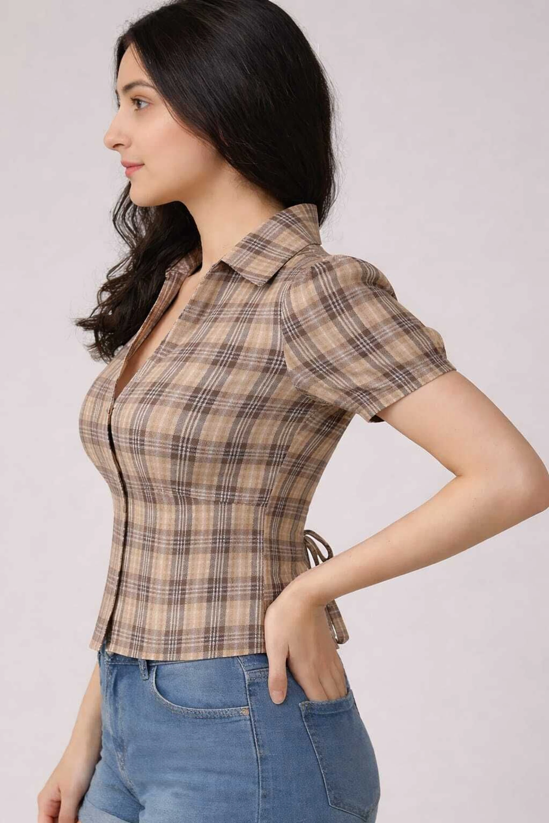 Casual Puff Sleeves Checkered Women Multicolor Top