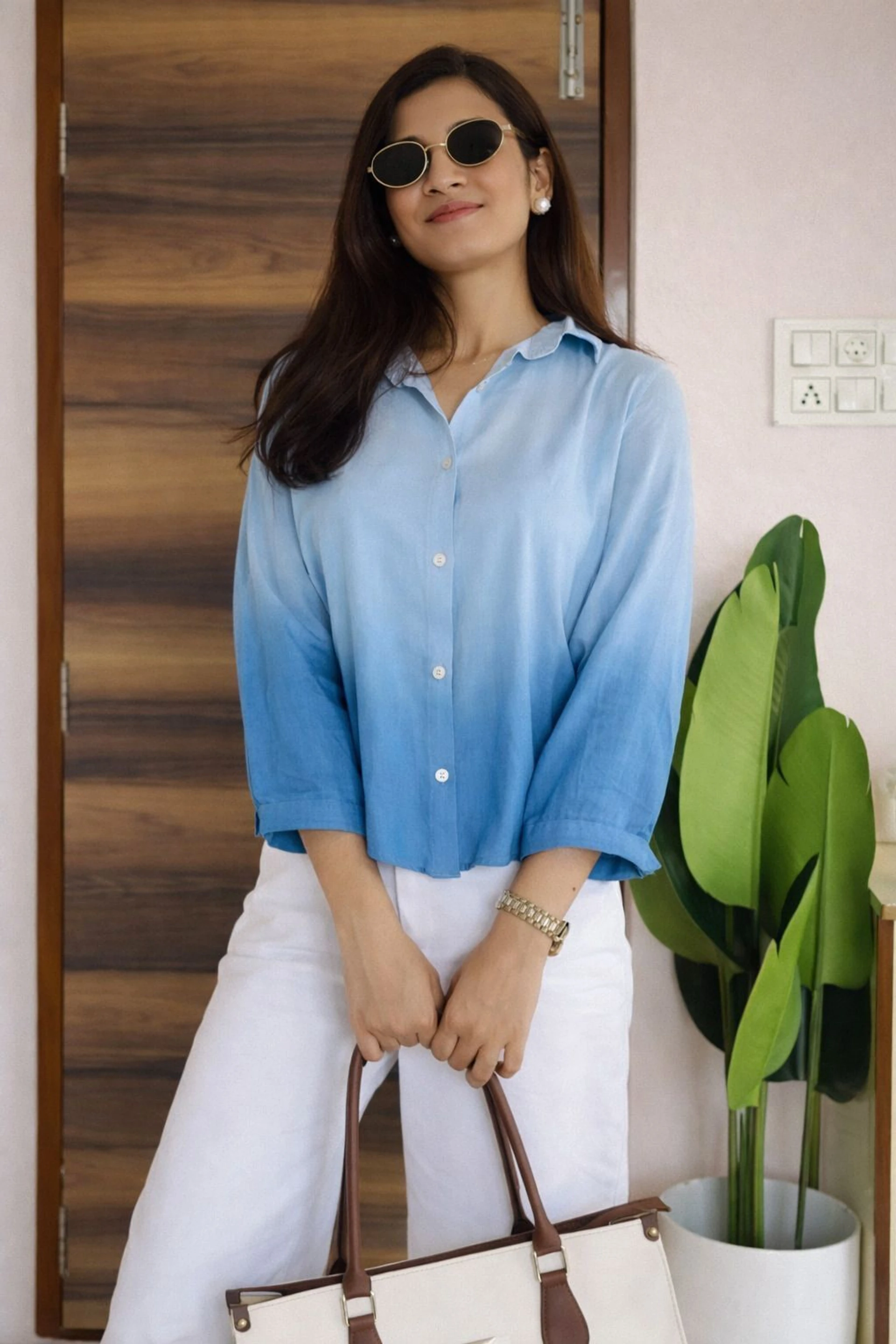 Casual Roll Up Sleeves Ombre Women Blue Top