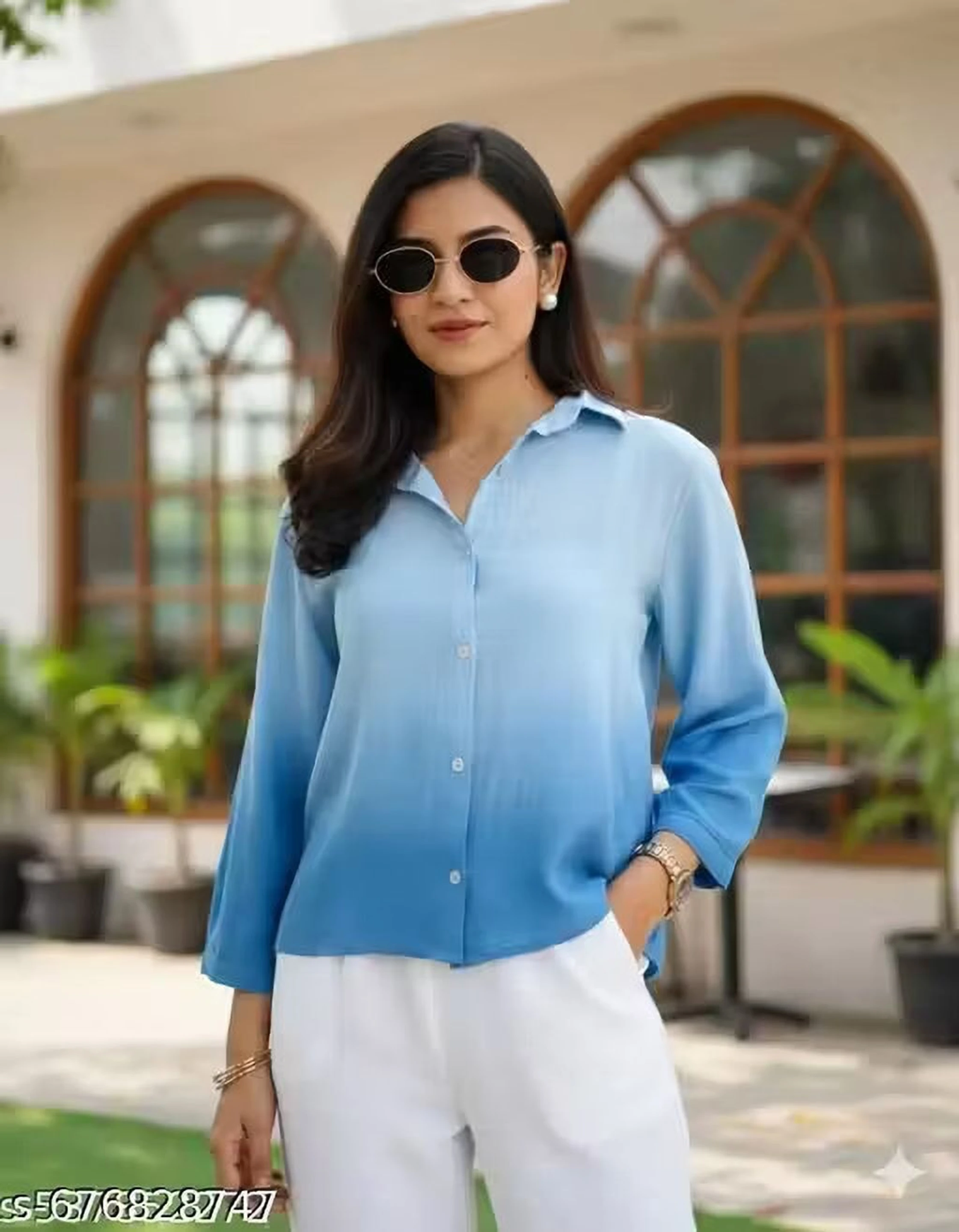 Casual Roll Up Sleeves Ombre Women Blue Top