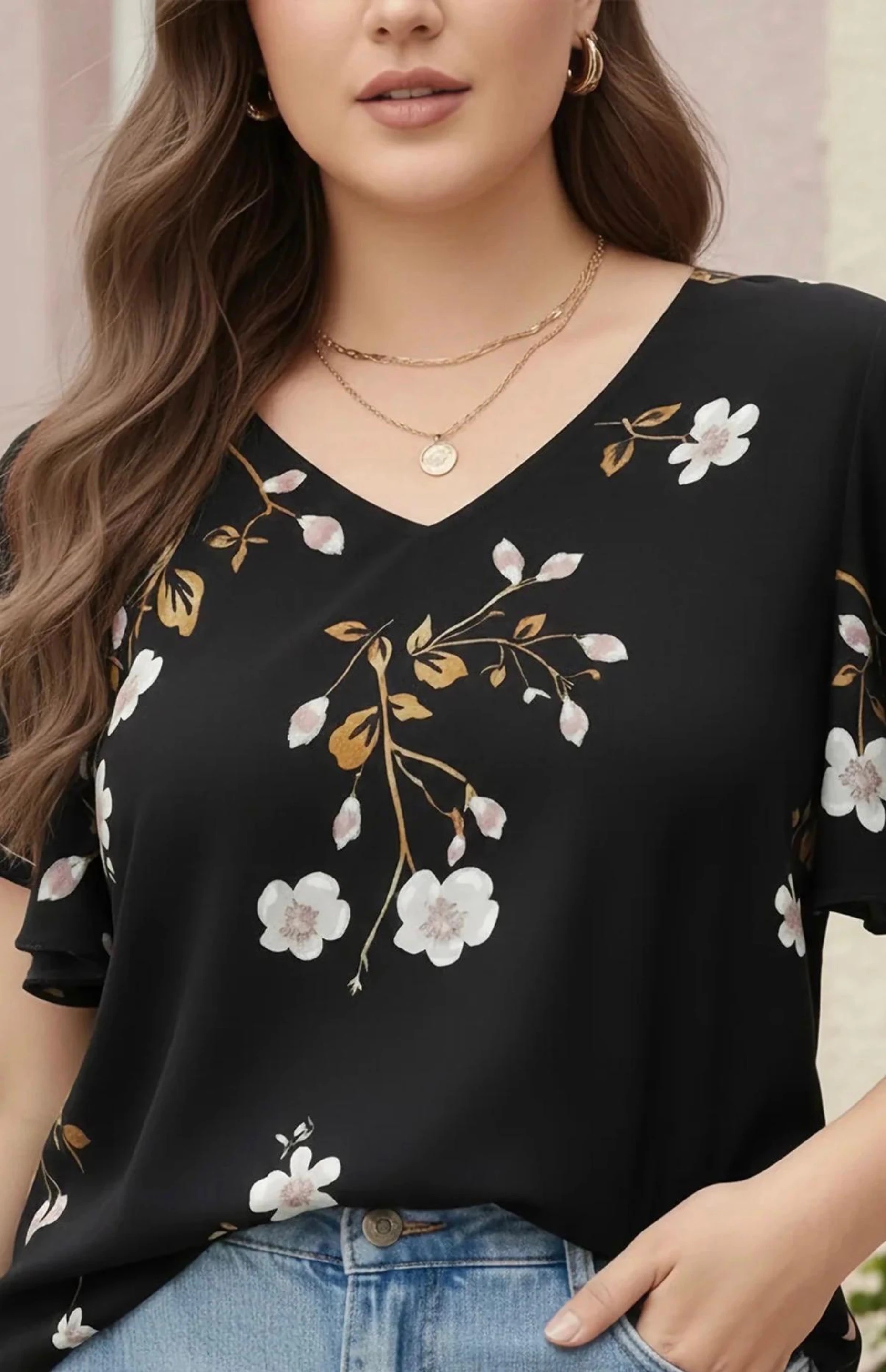Casual Flared Sleeves Floral Print Women Black Top