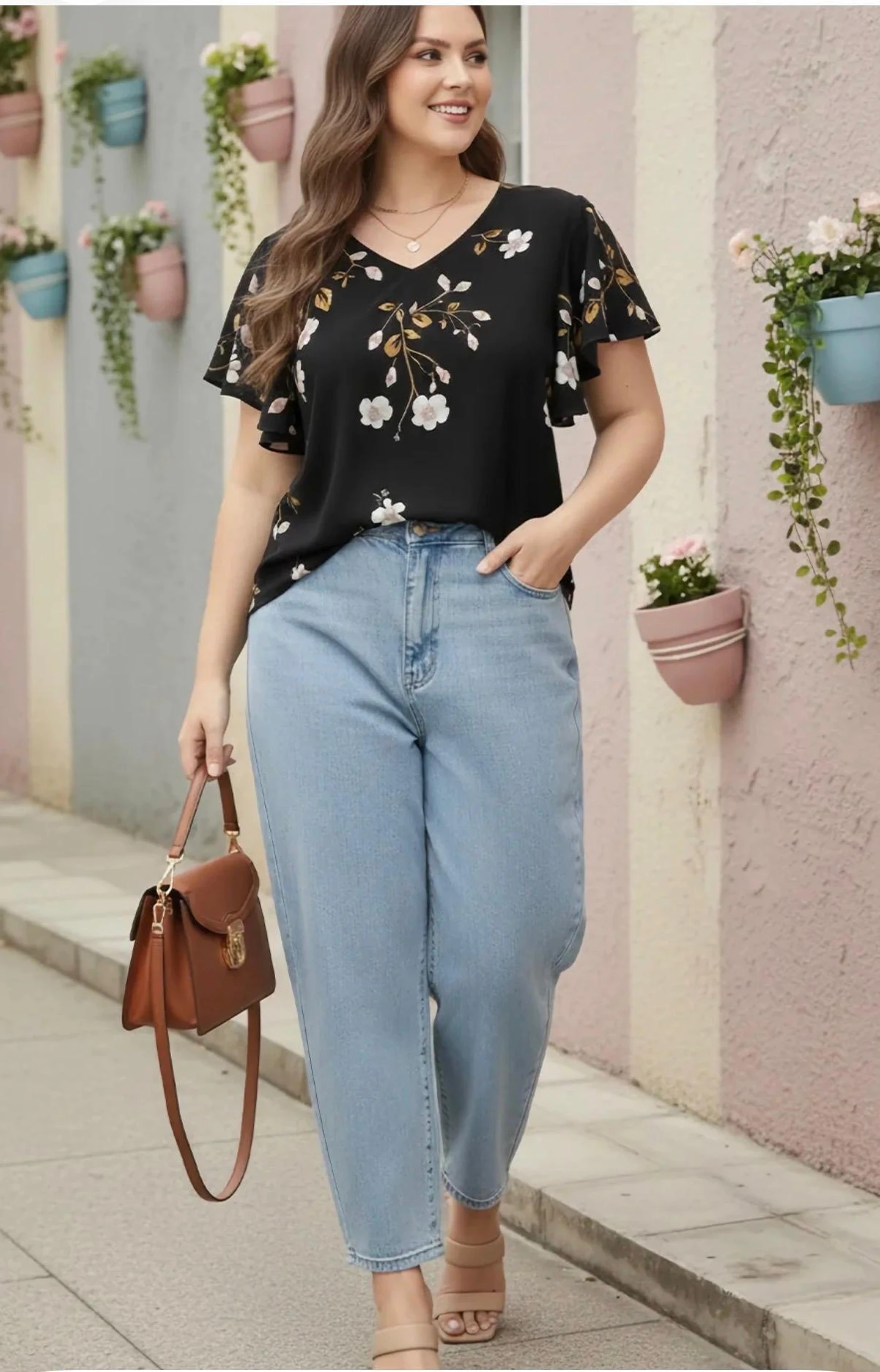 Casual Flared Sleeves Floral Print Women Black Top