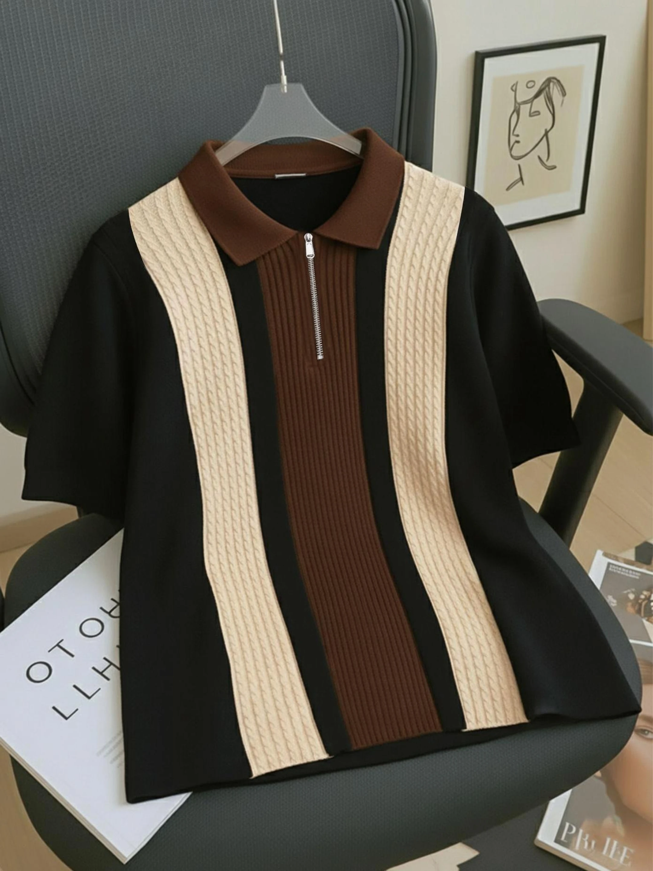 Men Printed Zip Neck Cotton Blend Multicolor T-Shirt