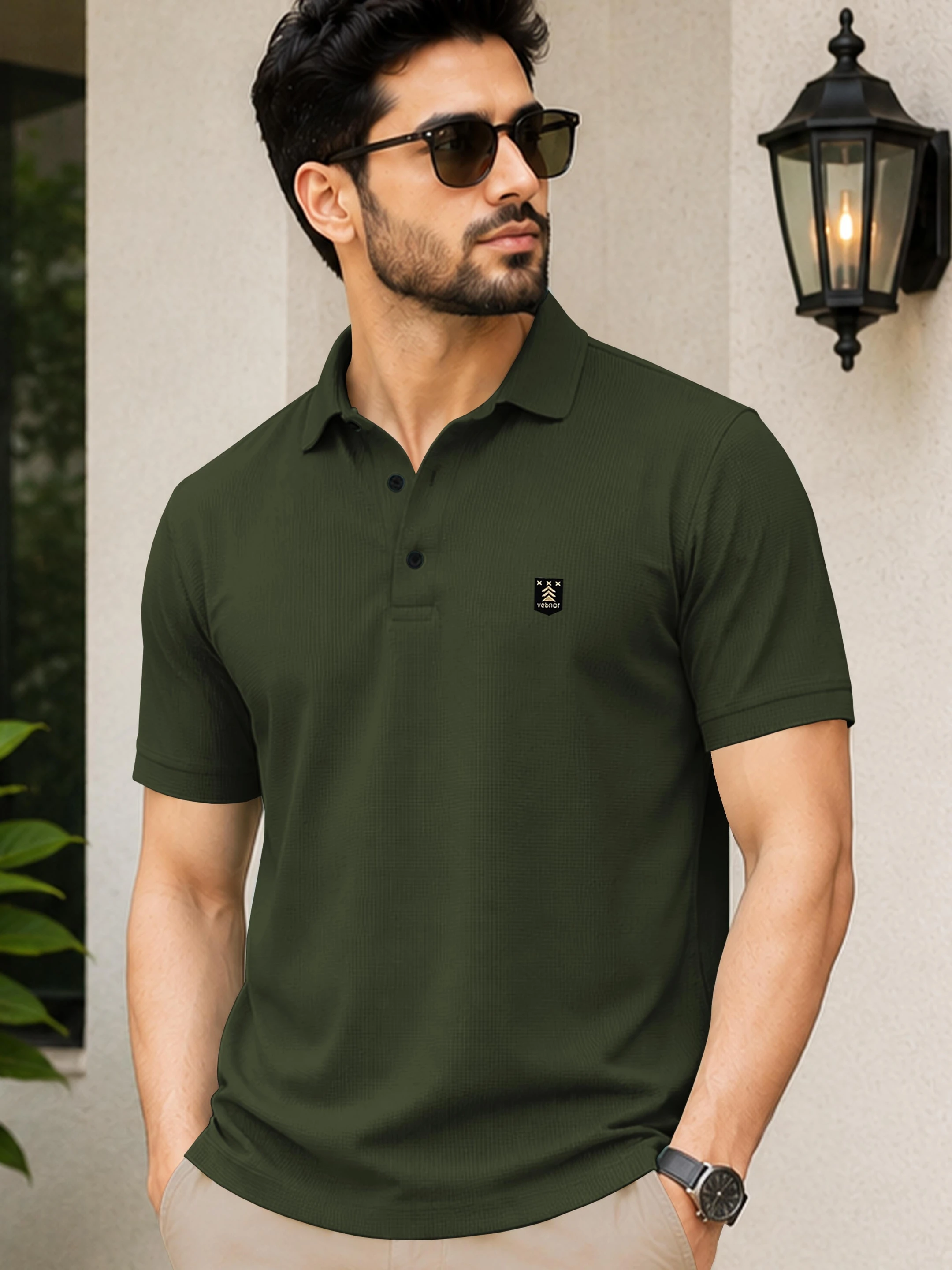 Men Self Design Polo Neck Polyester Green T-Shirt