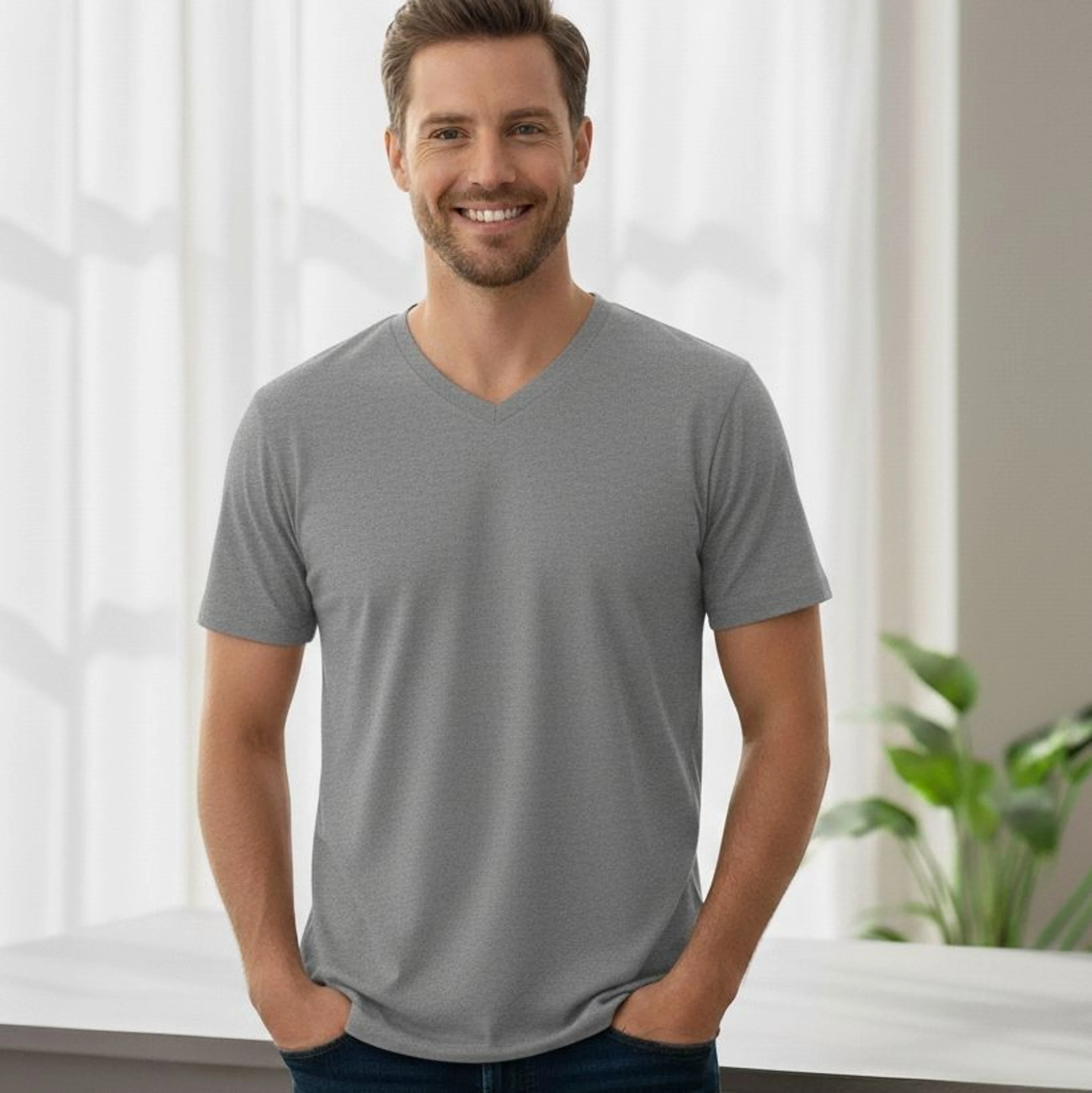 Men Solid V Neck Pure Cotton Grey T-Shirt