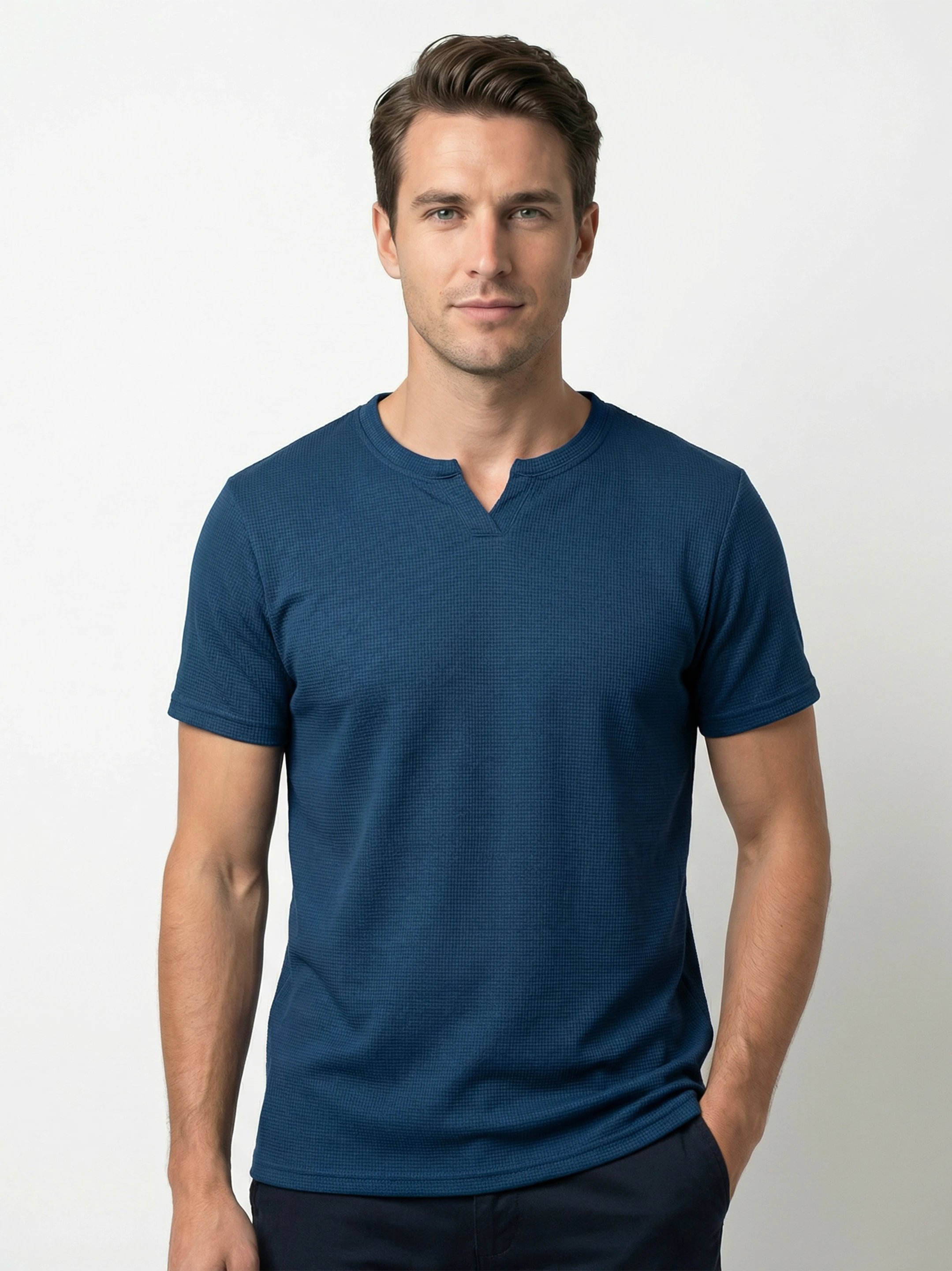 Men Self Design Mandarin Collar Cotton Blend Green T-Shirt