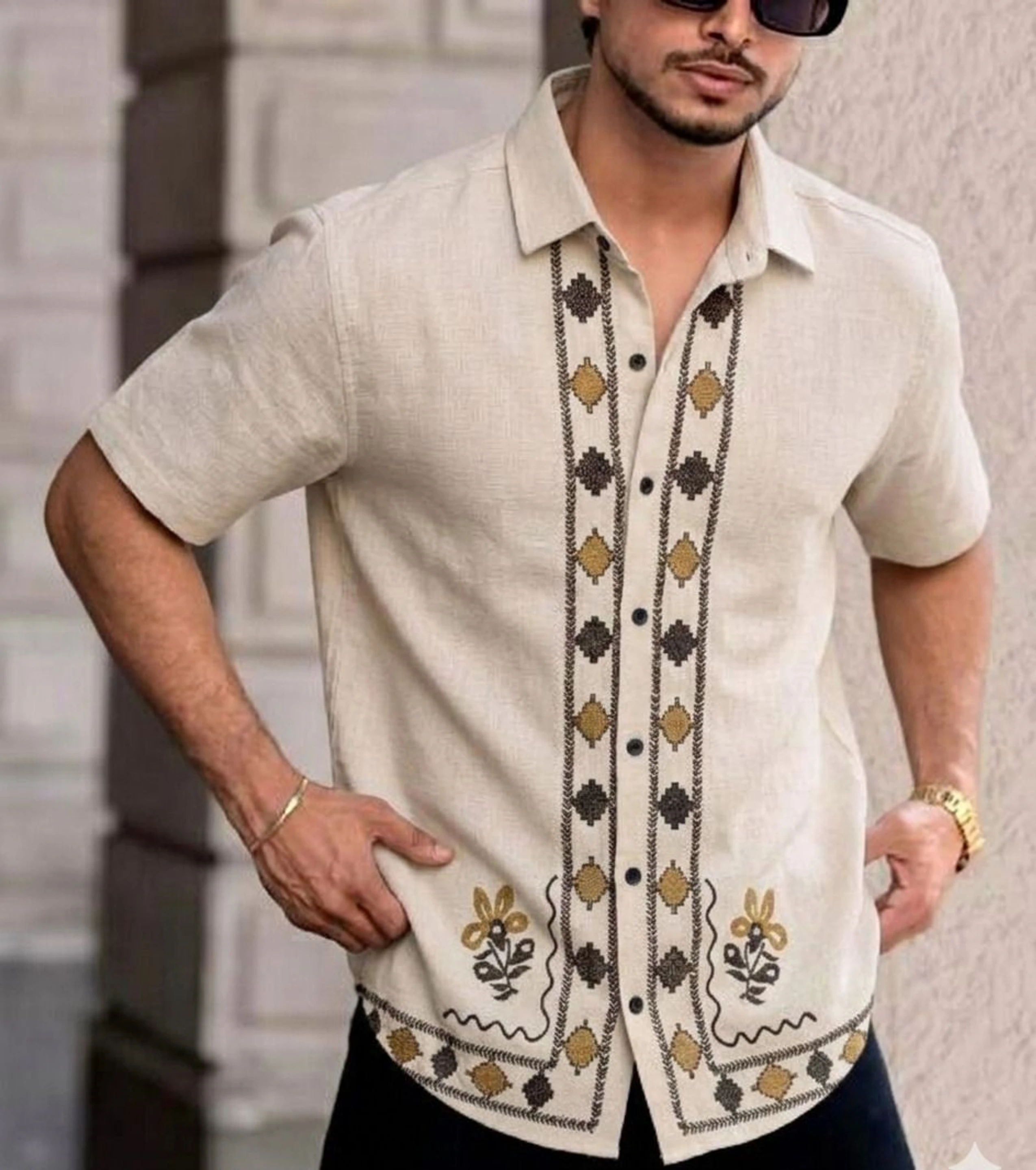 Men Regular Fit Embroidered Spread Collar Casual Shirt