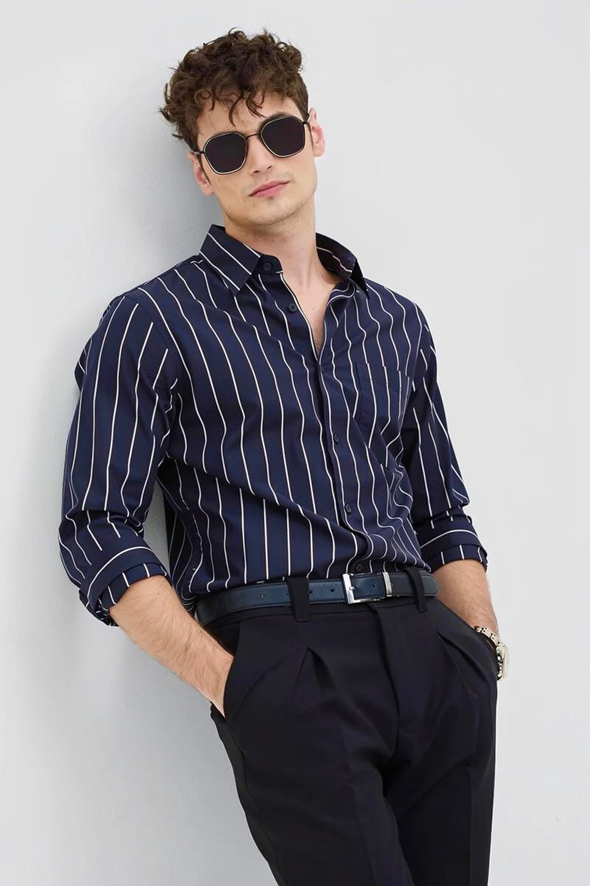 Slim Fit Striped Spread Collar Casual Shirt