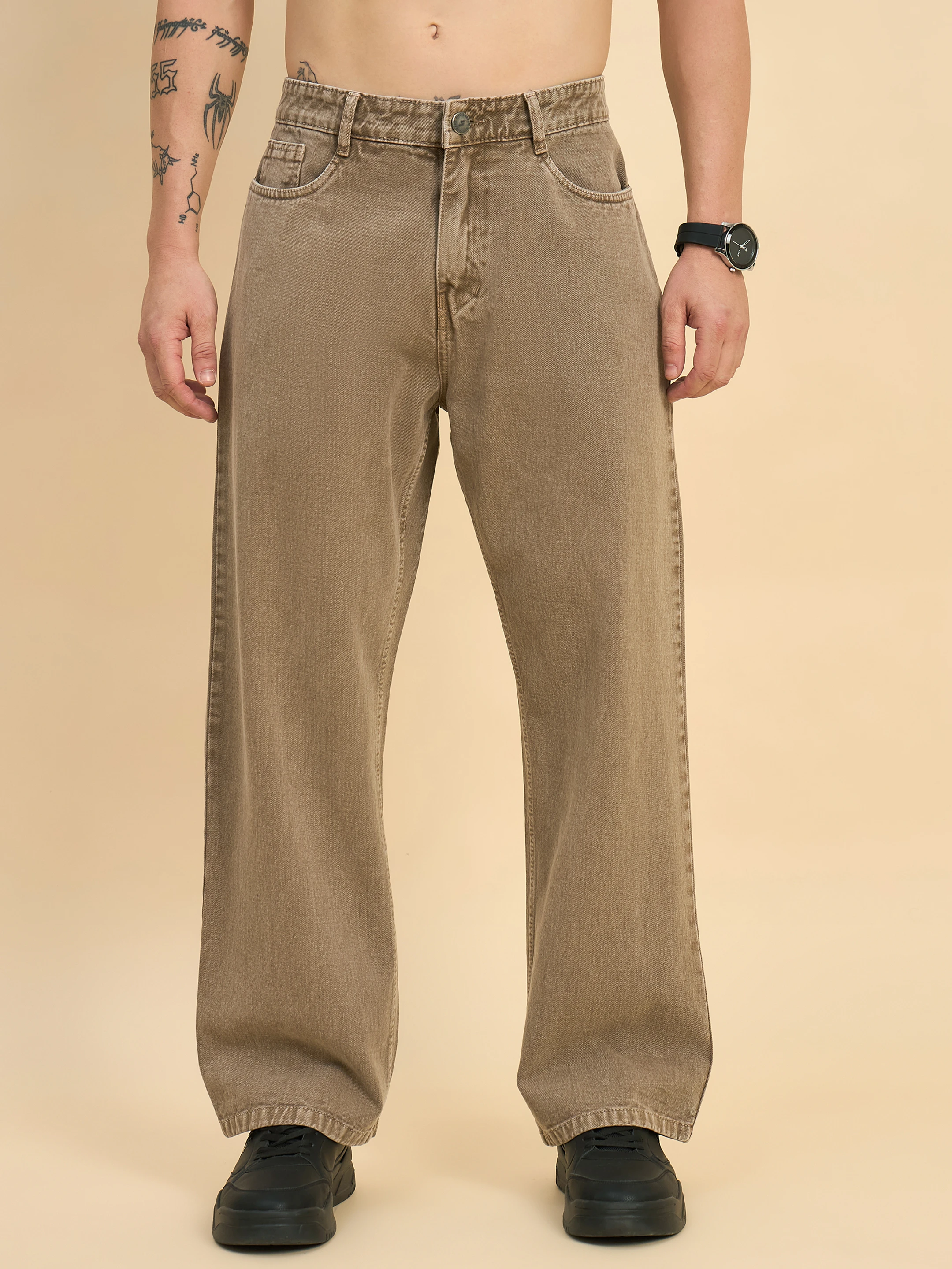 Men Loose Fit Mid Rise Beige Jeans
