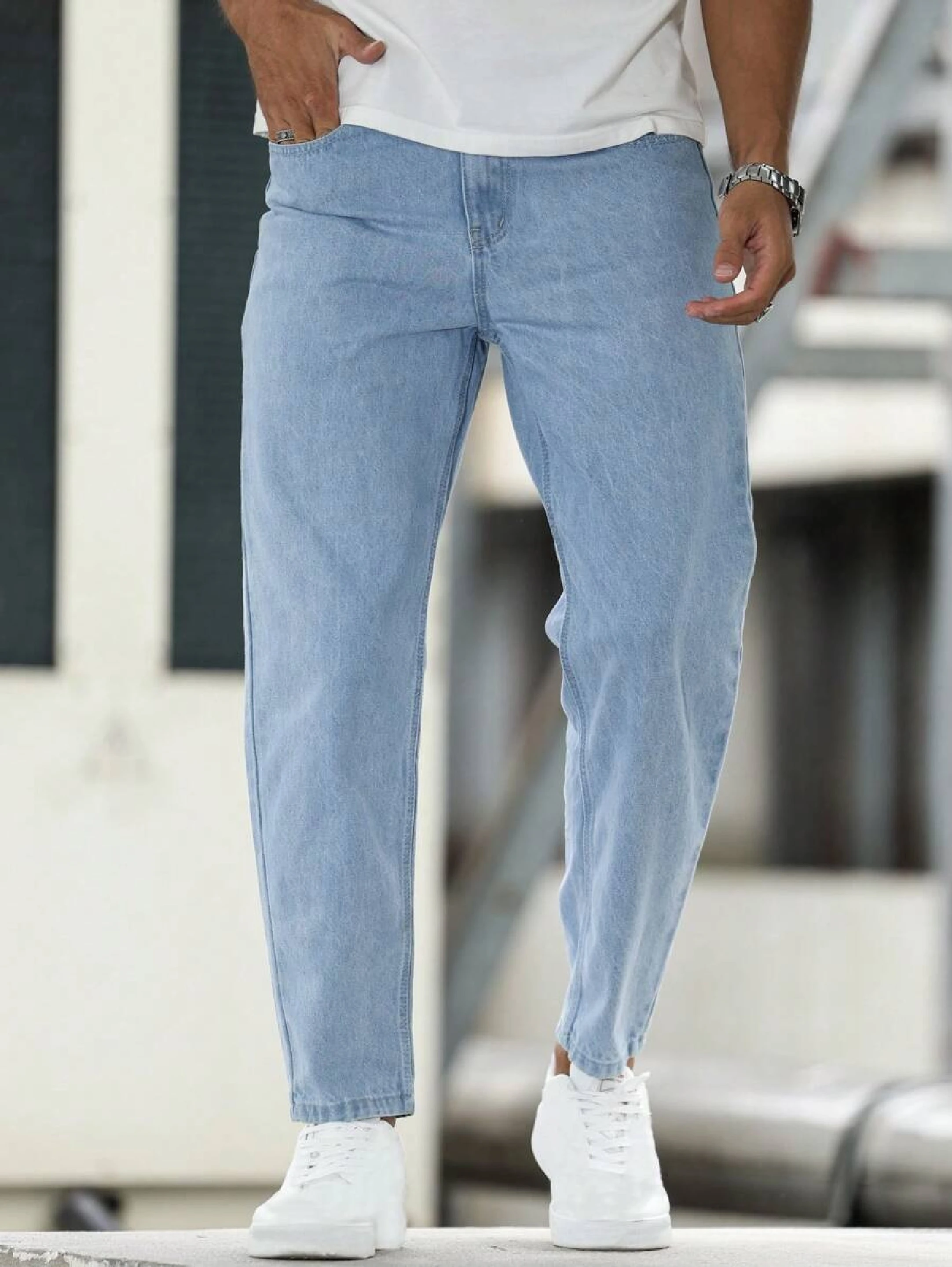 Men Mom Fit Mid Rise Light Blue Jeans