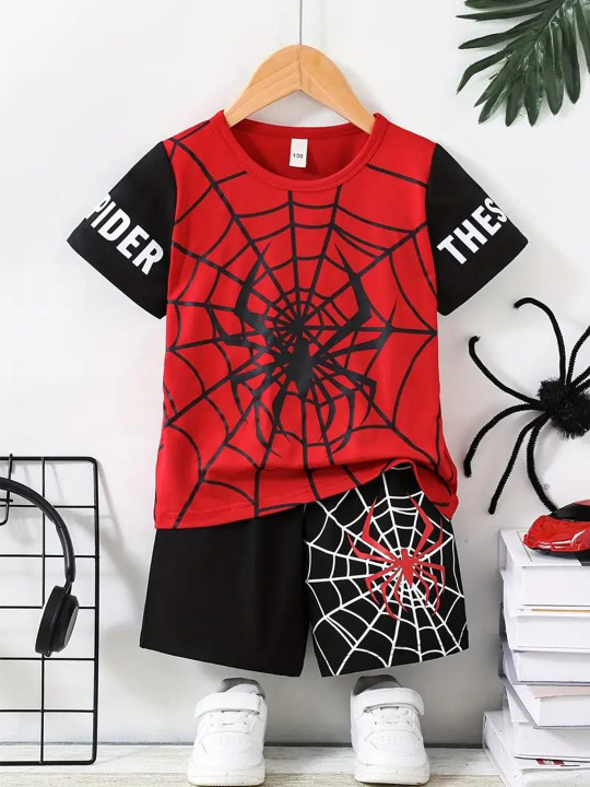 Boys Spider-Man Printed Round Neck T-shirt With Shorts Cotton Clothing Set