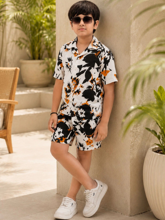 Boys Tropical Printed Shirt With Shorts Cotton Clothing Set