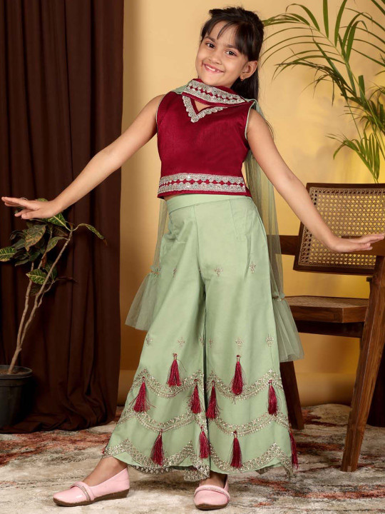 Girls Embroidered Regular Sequinned Top with Palazzos & With Dupatta