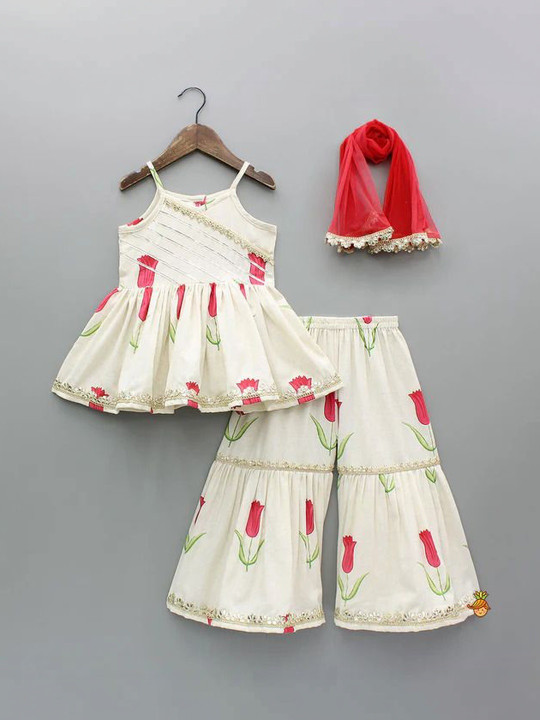 Girls Floral Printed Regular Gotta Patti Raw Silk Top with Sharara & With Dupatta
