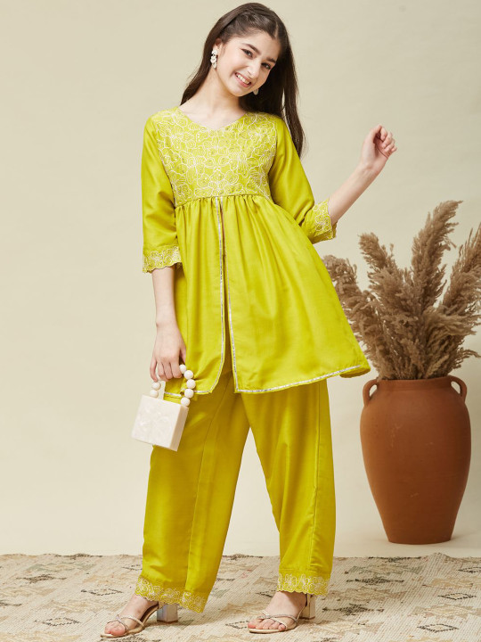 Girls Embroidered Peplum Kurta and Pant Set