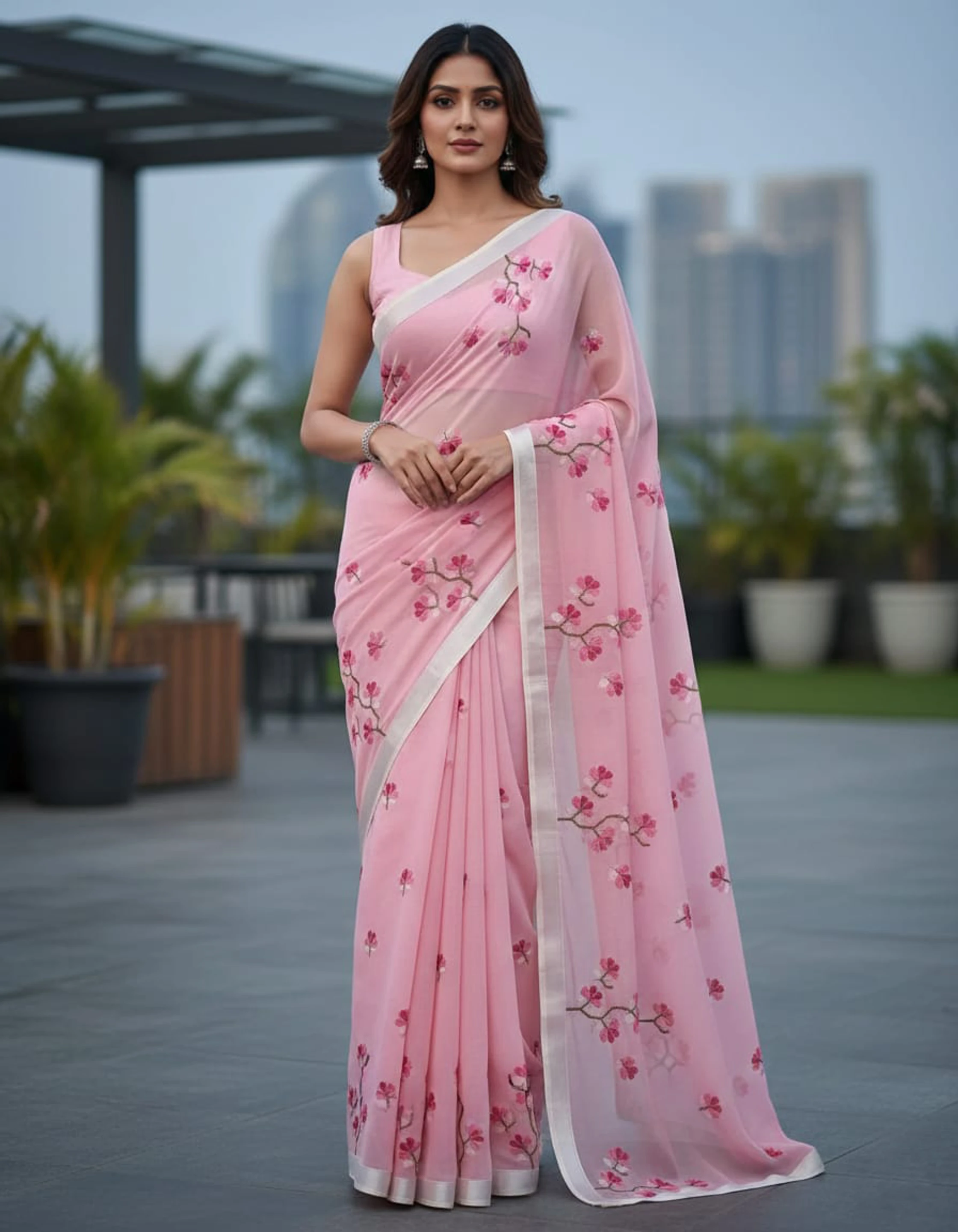 Embroidered Kota Doria Tissue Saree (Pink)