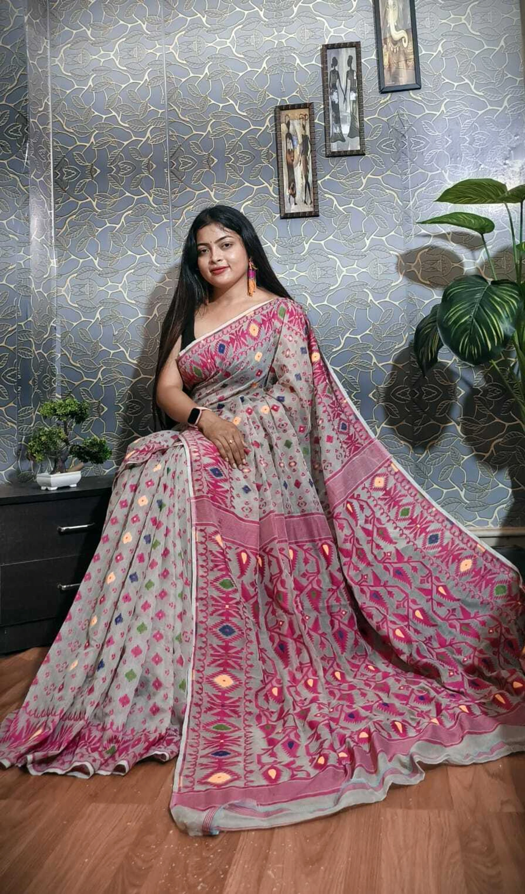 Geometric Print, Graphic Print Jamdani Cotton Silk Saree (Multicolor)