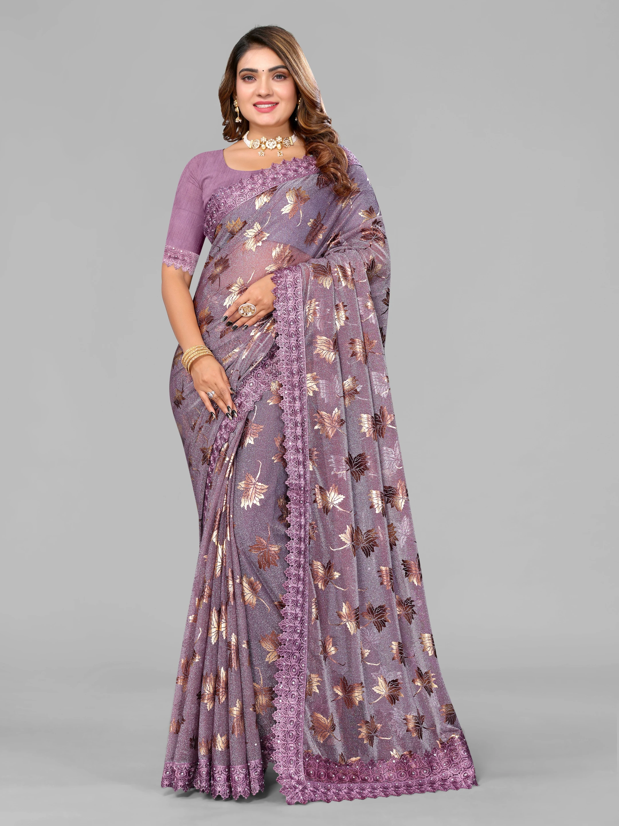 Floral Print Bollywood Lycra Blend Saree (Magenta)