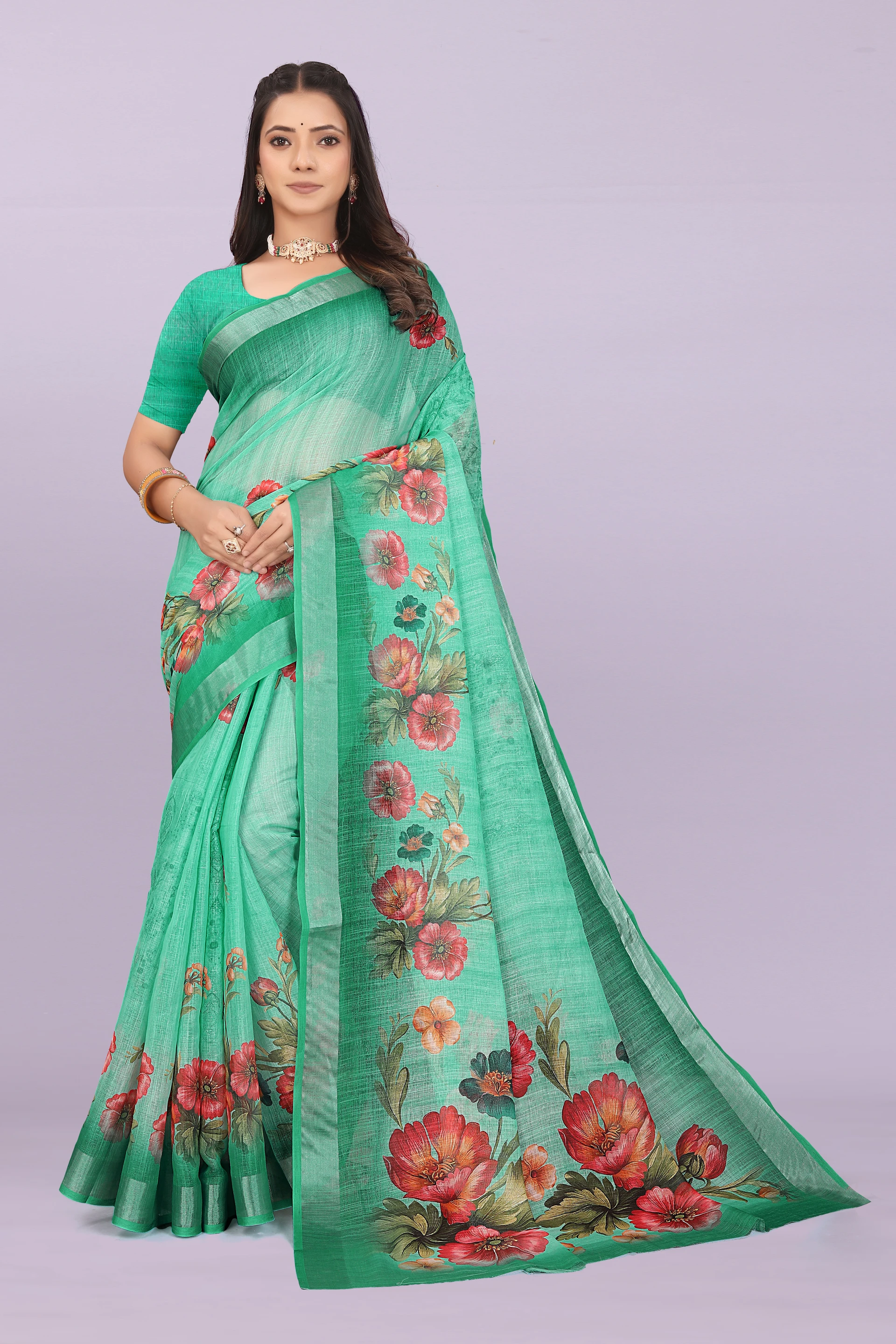 Printed, Digital Print Bollywood Cotton Linen, Cotton Silk Saree (Dark Green)