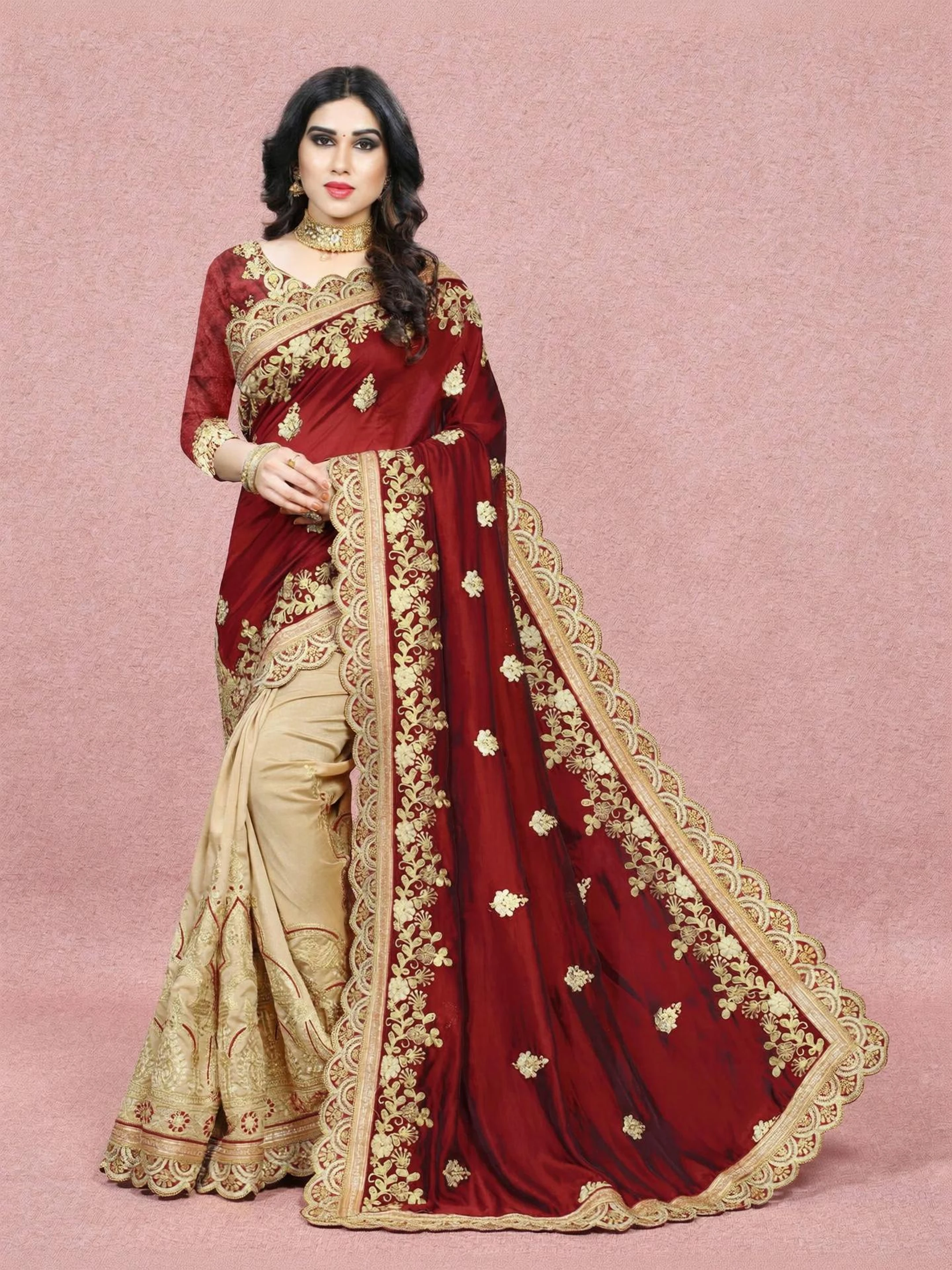 Floral Print Bollywood Silk Blend, Art Silk Saree (Maroon, Cream)