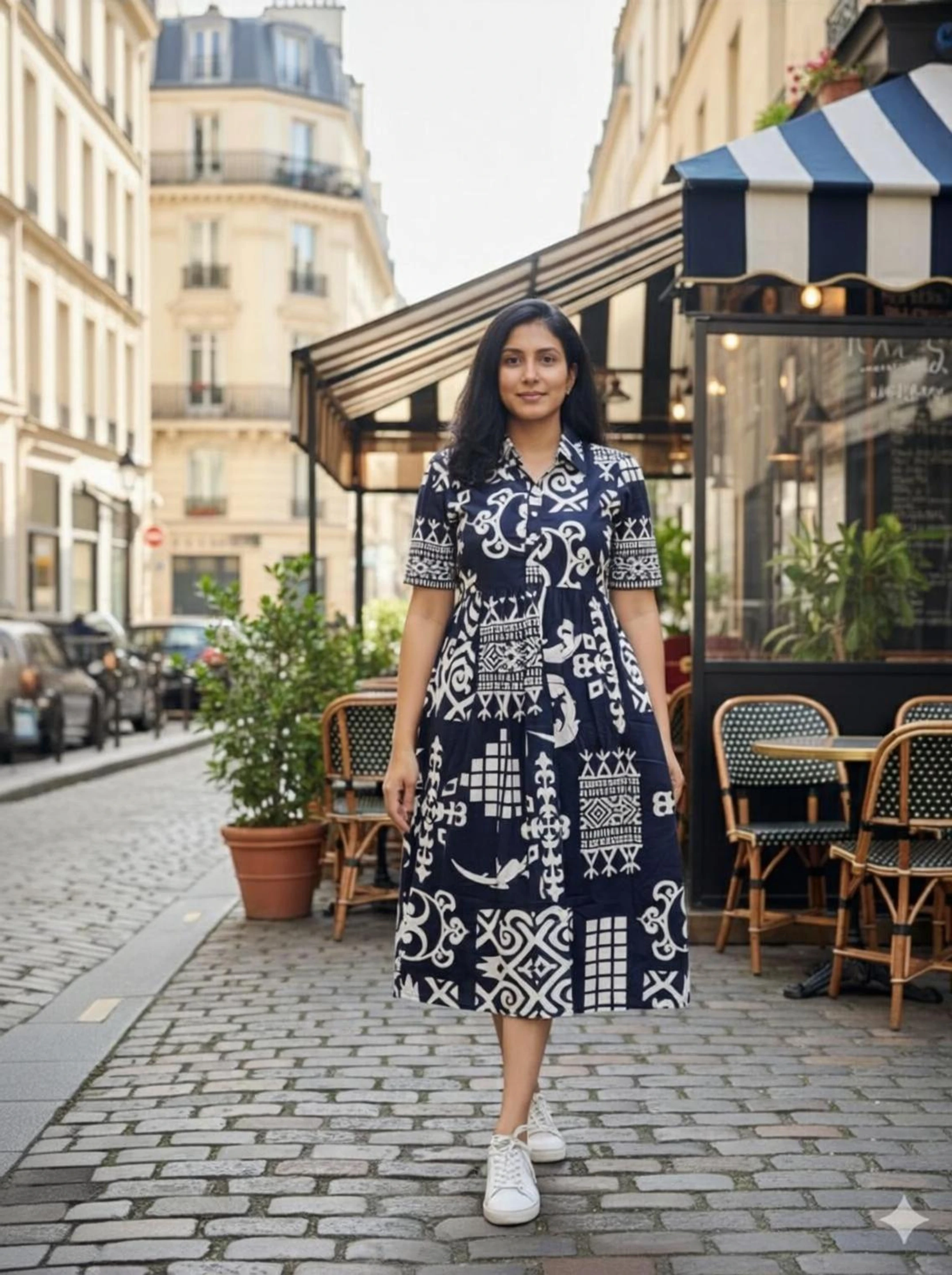 Women Fit and Flare White, Blue Midi/Calf Length Dress