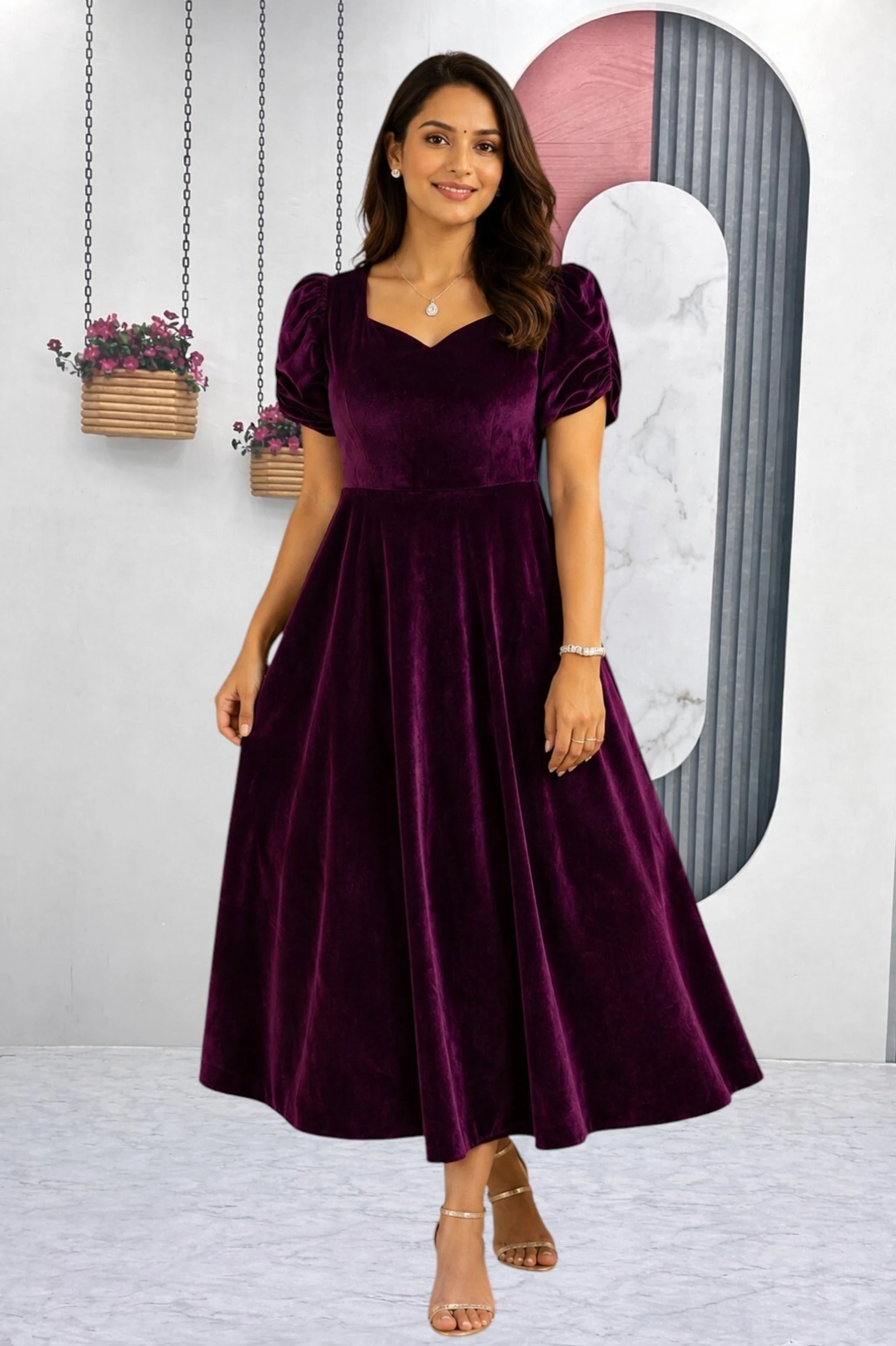 Women Fit and Flare Purple Below Knee Dress
