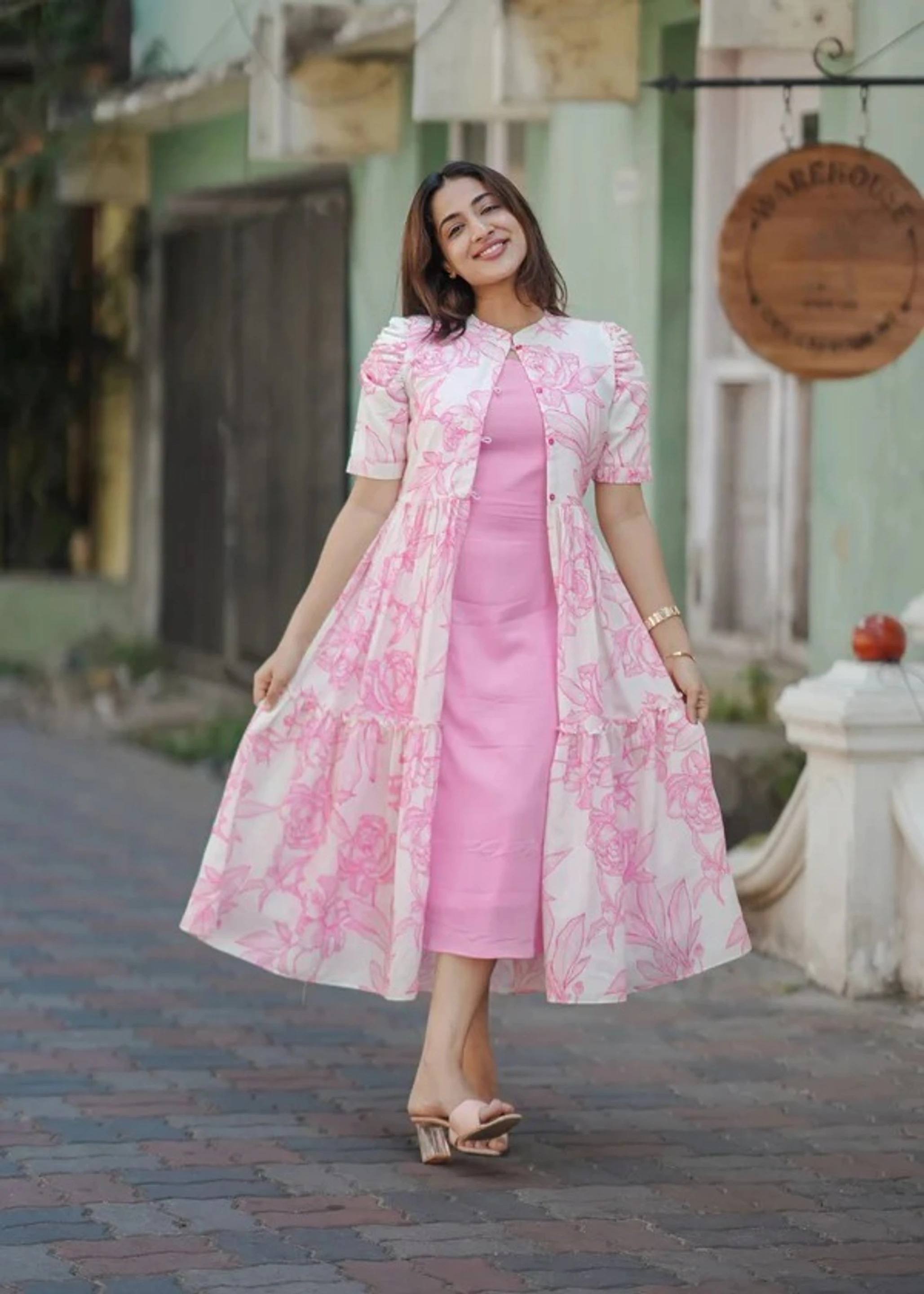 Women Fit and Flare White, Pink Midi/Calf Length Dress